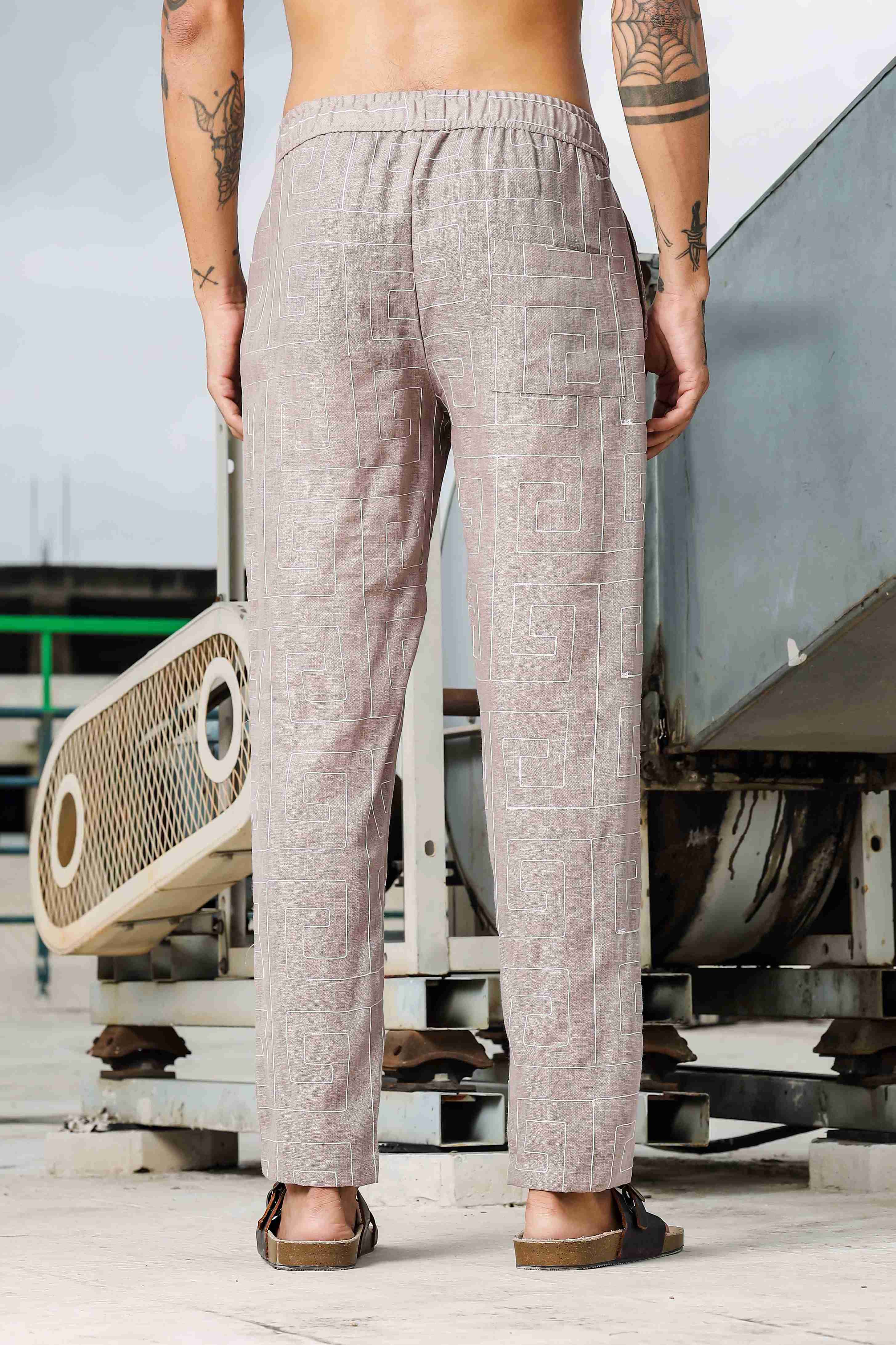Beige Linen Blend Embroidered Relaxed Fit All Day Pants