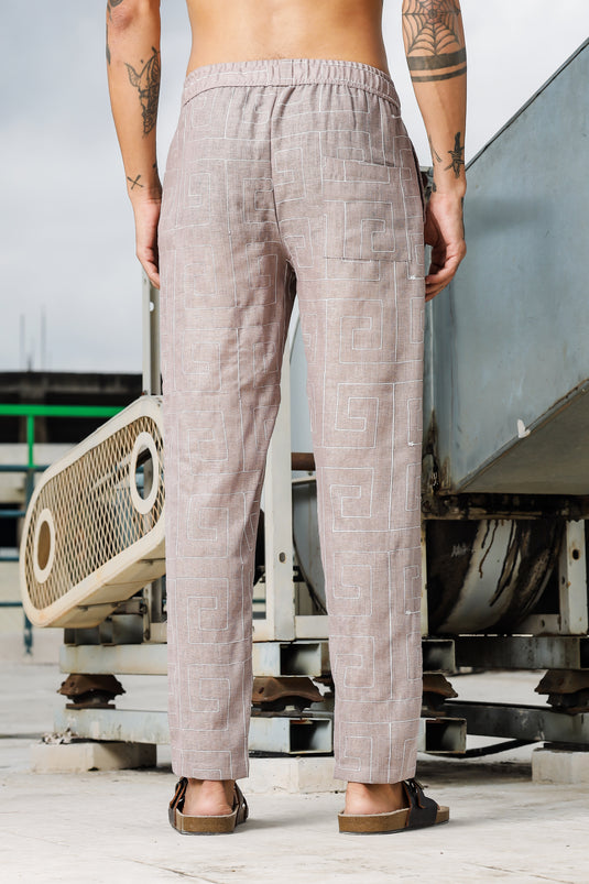 Linen Embroidered Beige All Day Pants