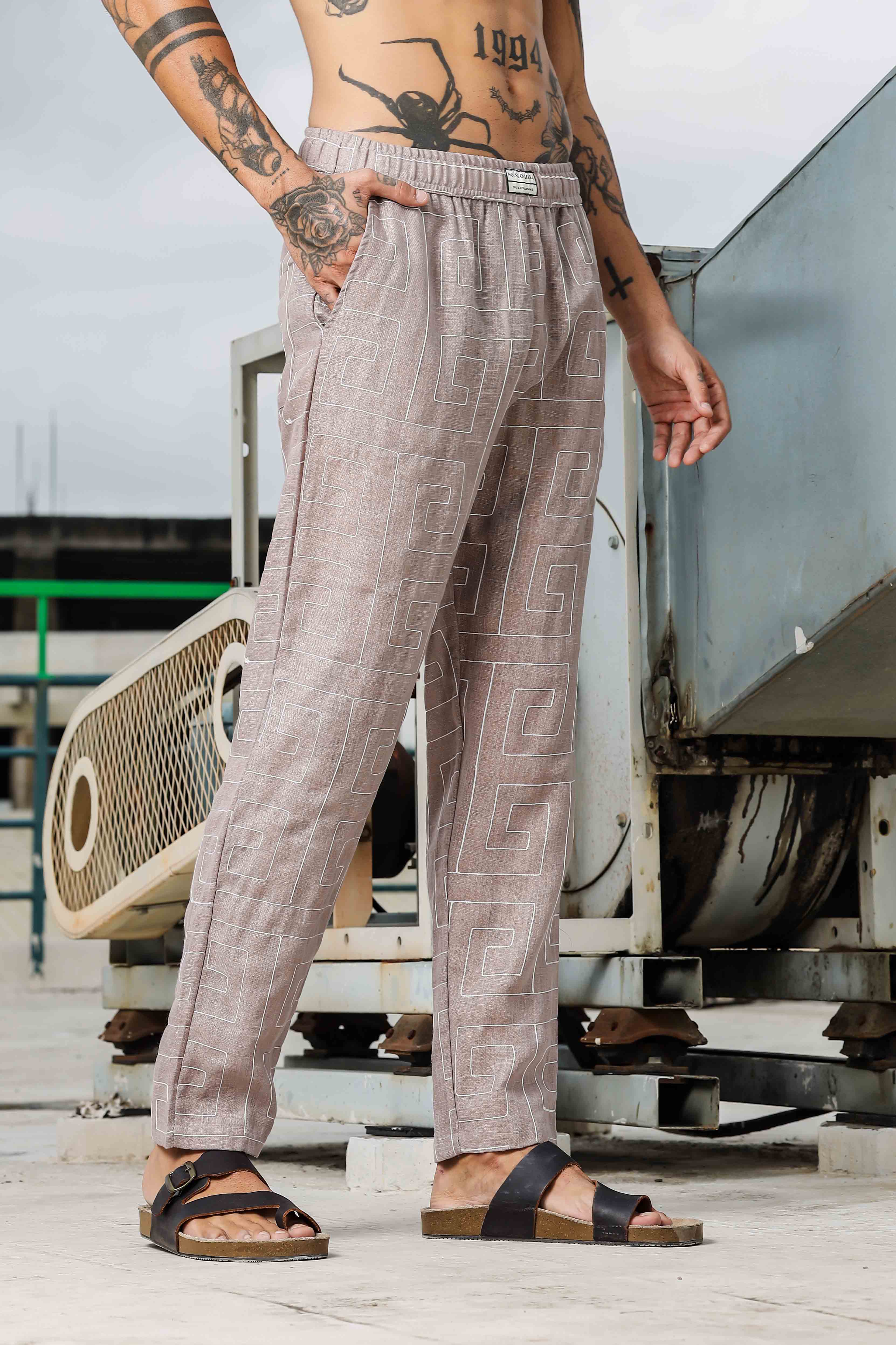 Beige Linen Blend Embroidered Relaxed Fit All Day Pants