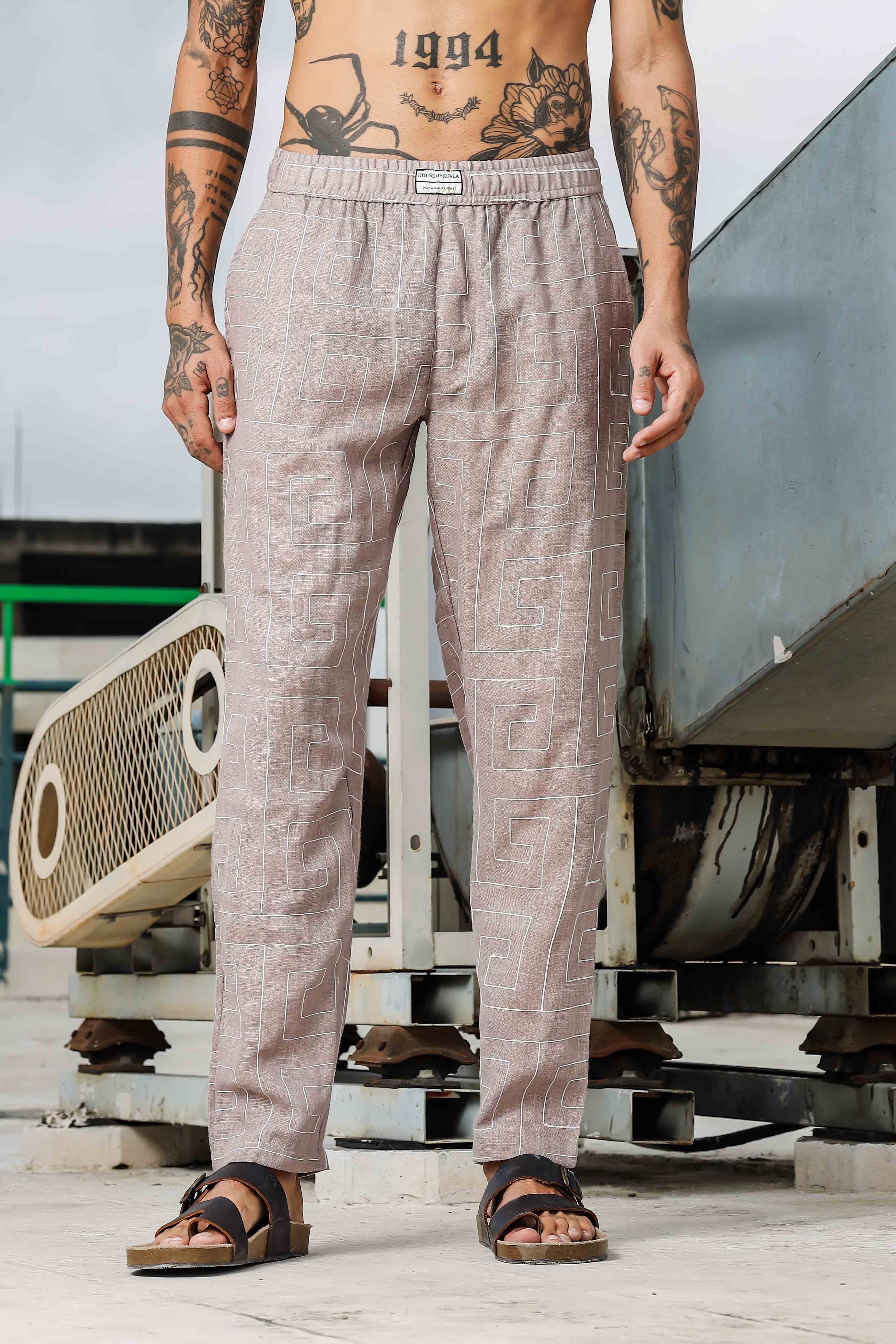 Beige Linen Blend Embroidered Relaxed Fit All Day Pants