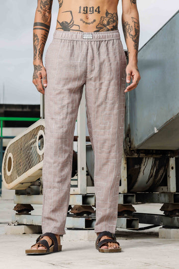 Beige Linen Blend Embroidered Relaxed Fit All Day Pants