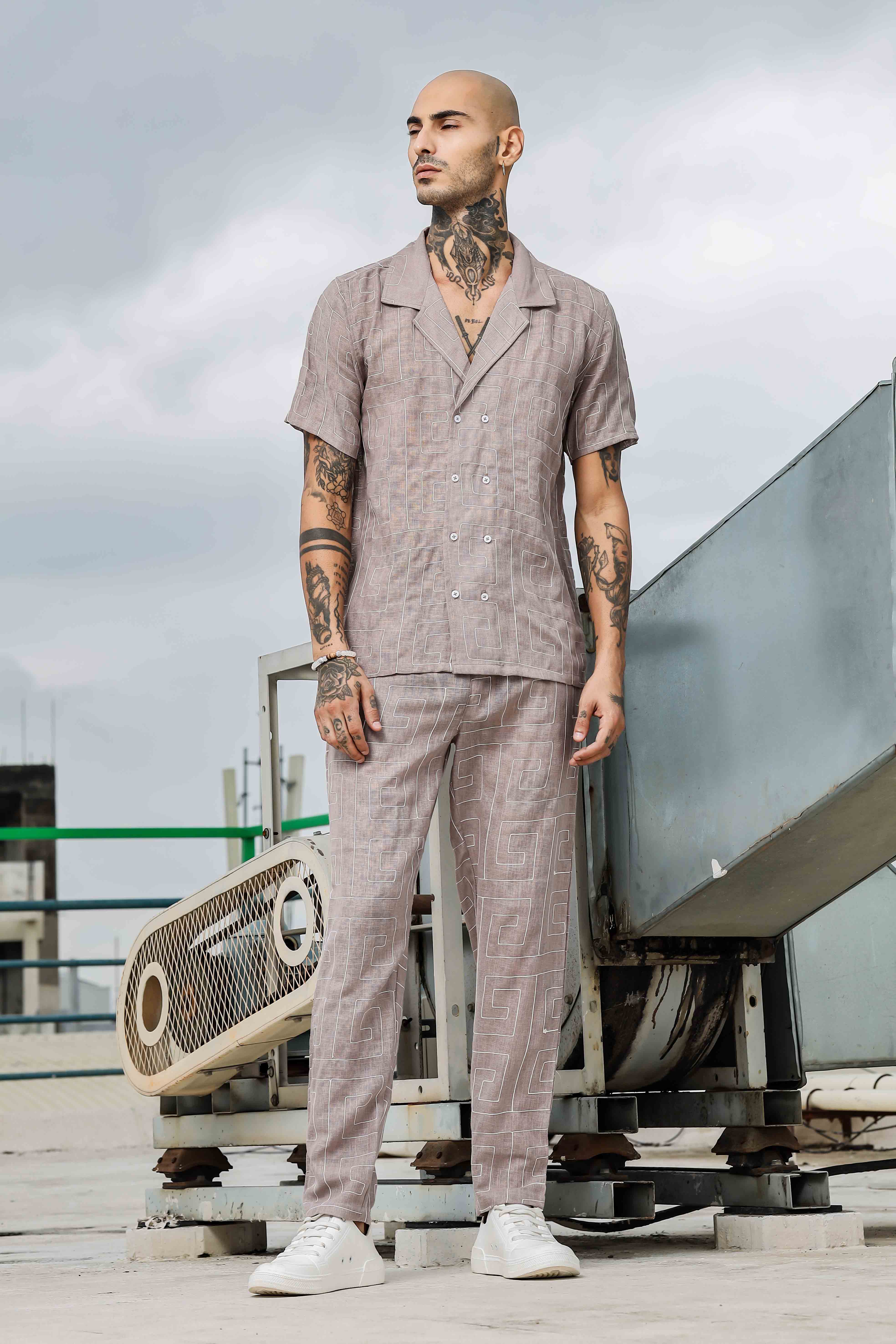Beige Linen Blend Embroidered Relaxed Fit All Day Pants