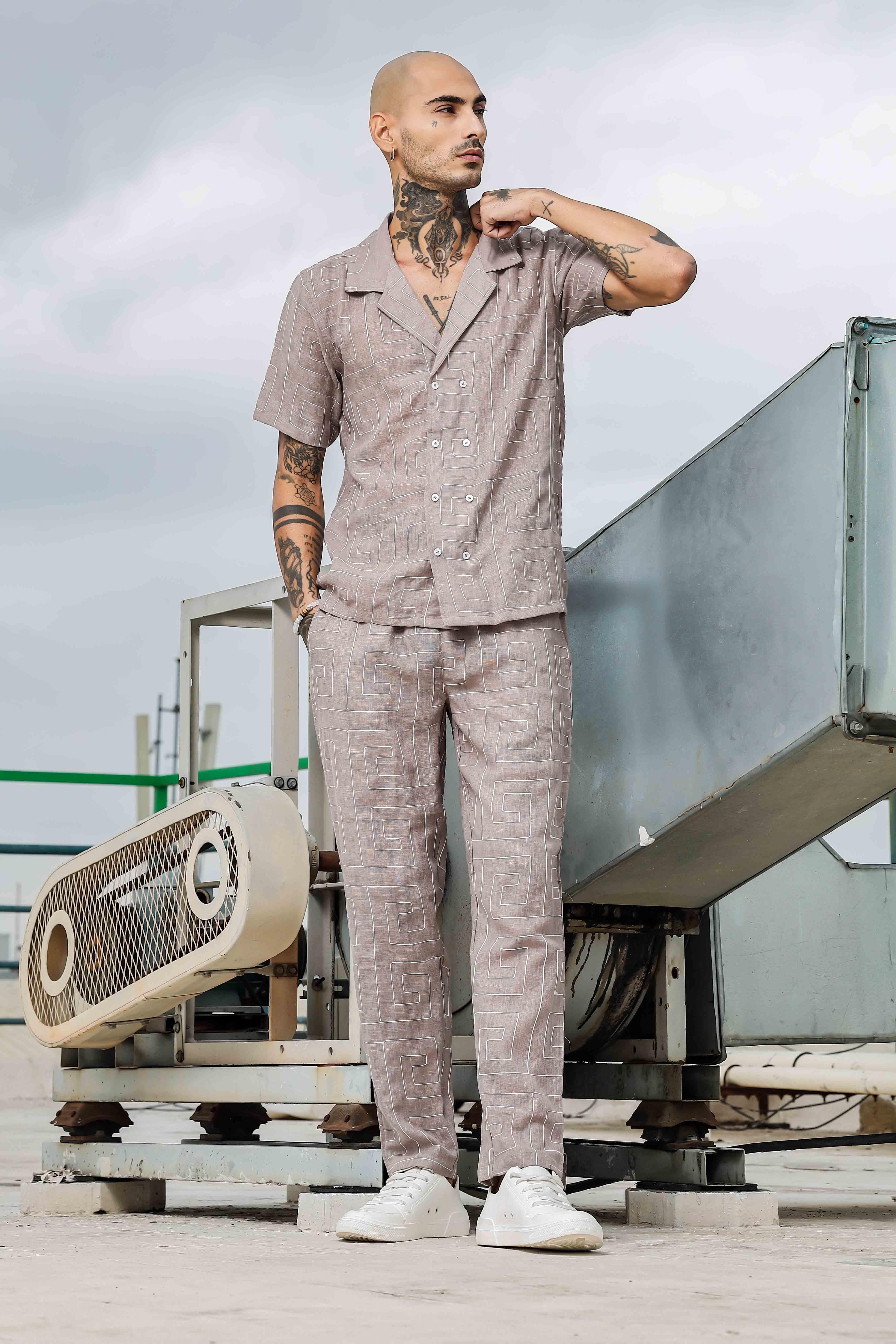 Beige Linen Blend Embroidered Relaxed Fit All Day Pants