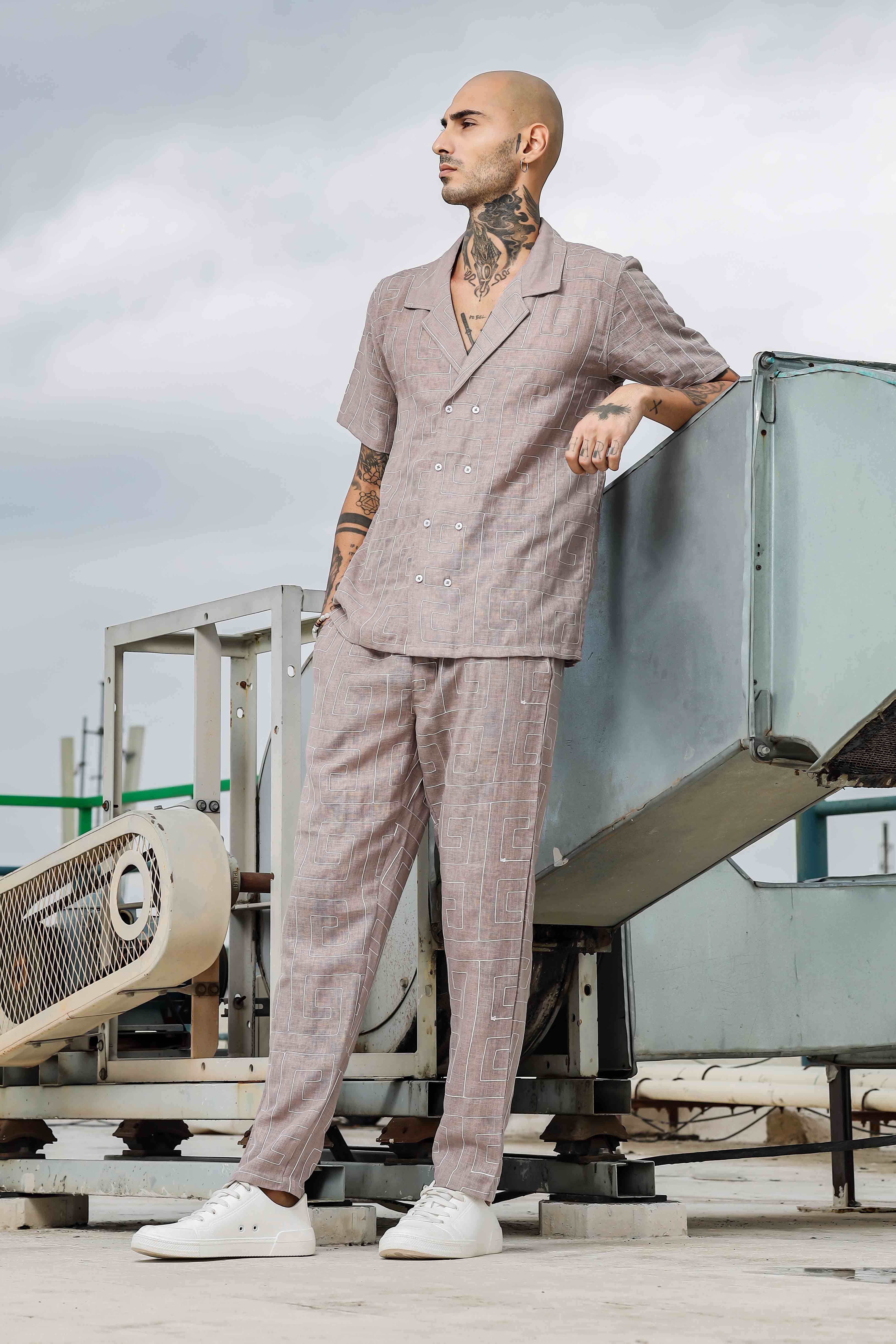 Beige Linen Blend Embroidered Relaxed Fit All Day Pants