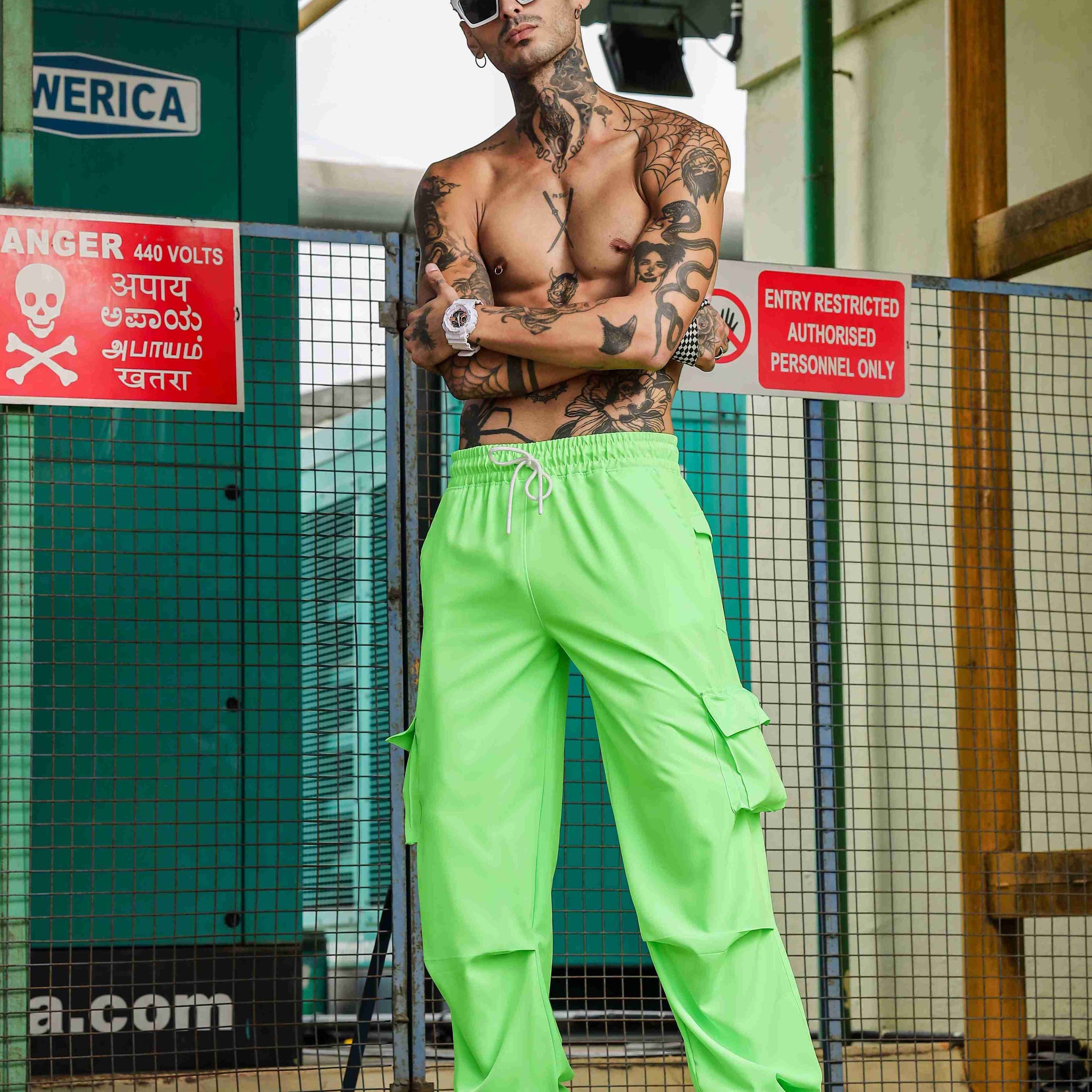 Unisex Baggy Fit  Neon Green Parachute Cargo Trousers