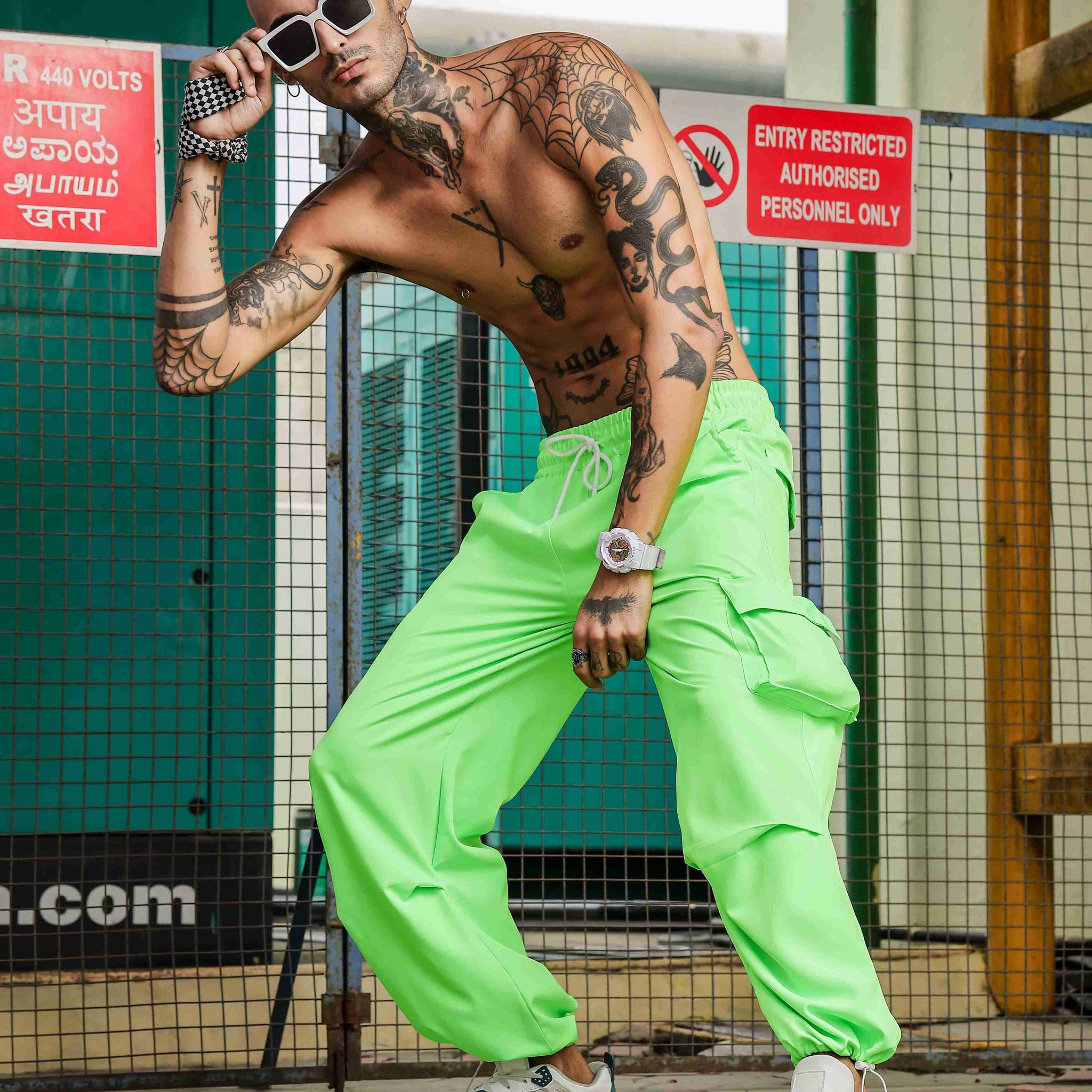 Unisex Baggy Fit  Neon Green Parachute Cargo Trousers
