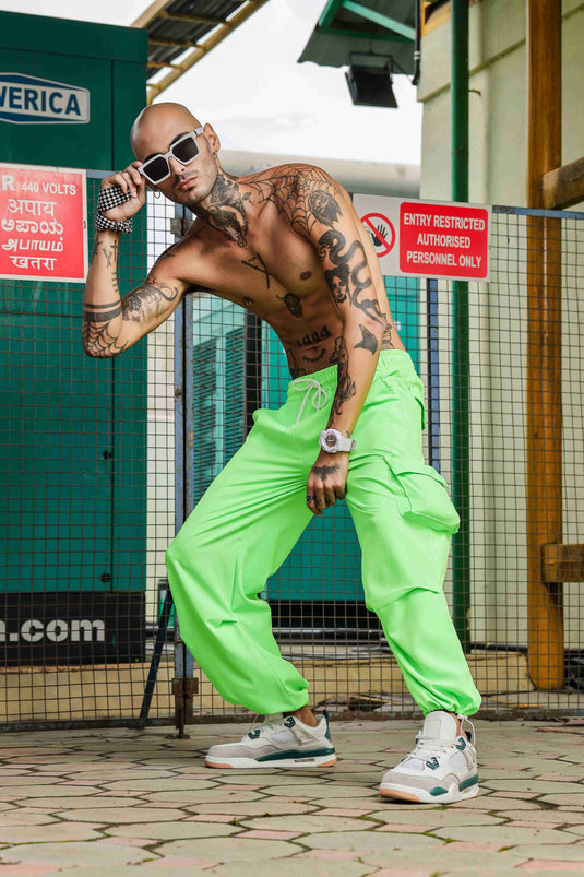 Unisex Baggy Fit  Neon Green Parachute Cargo Trousers