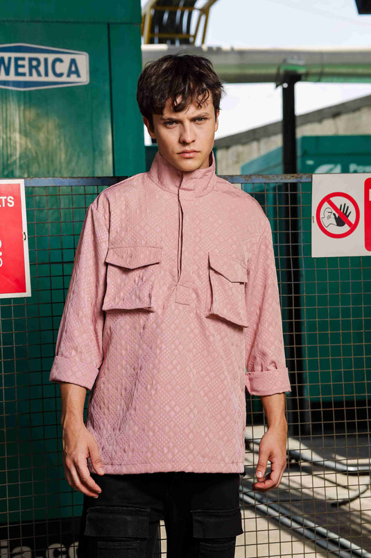 Oversized Pink Jacquard Textured Shirt Shacket