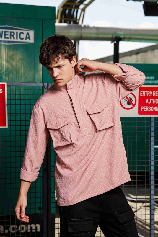 Oversized Pink Jacquard Textured Shirt Shacket