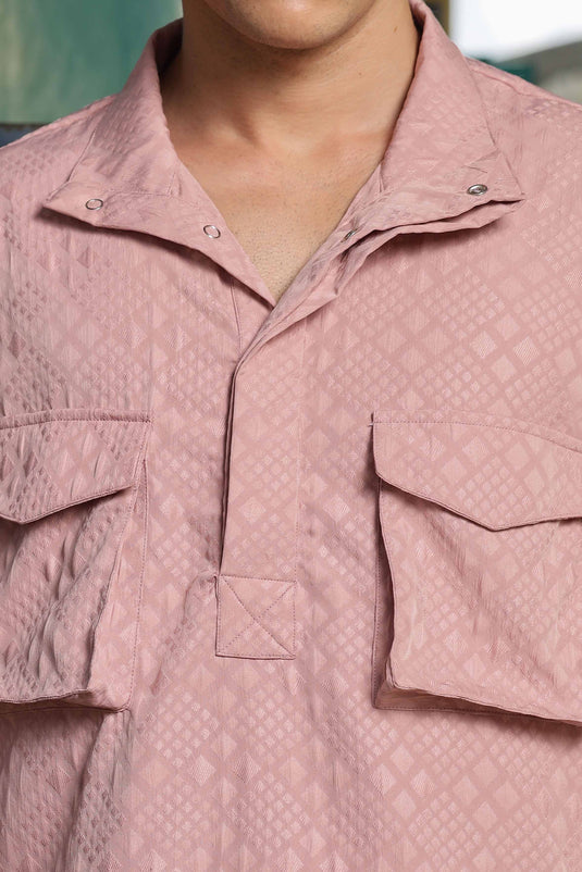 Oversized Pink Jacquard Textured Shirt Shacket