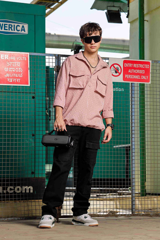 Oversized Pink Jacquard Textured Shirt Shacket