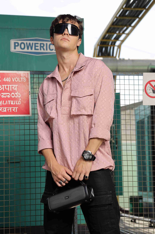 Oversized Pink Jacquard Textured Shirt Shacket