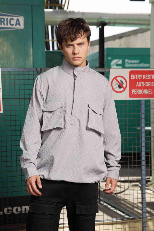 Oversized Grey Jacquard Textured Shirt Shacket