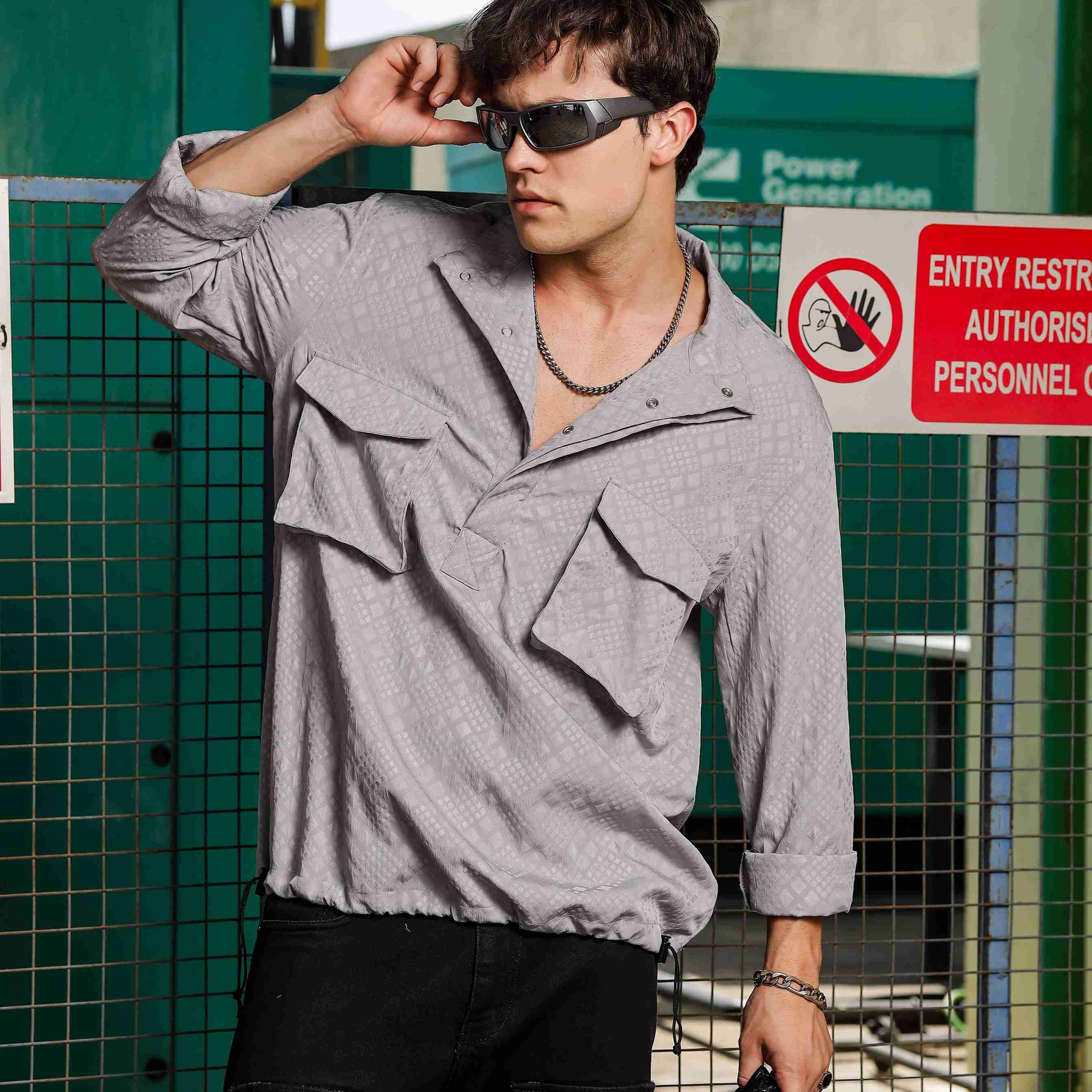 Grey Oversized Jacquard Textured Shirt Shacket