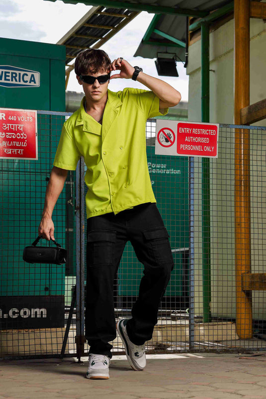 Textured Lime Green Korean Cuban Collar Resort Shirt