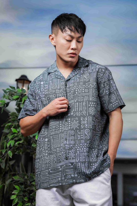Abstract Tribal Print Cuban Collar Relaxed Fit Resort Shirt