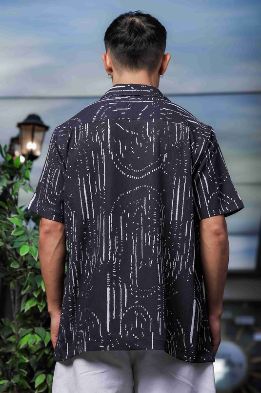 Unisex Black Abstract Printed Crinkled Fabric Cuban Collar Relaxed Fit Resort Shirt