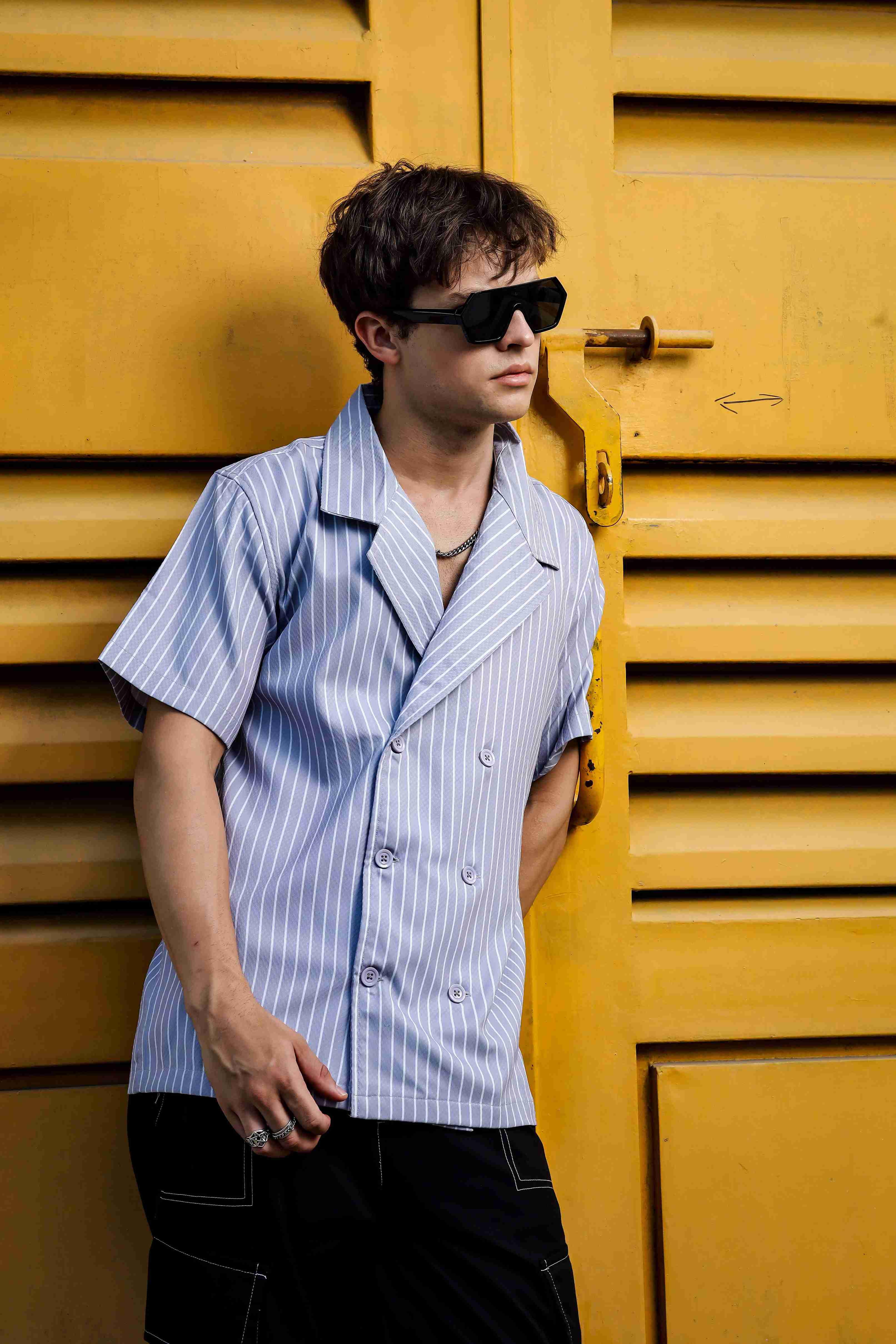 Grey PinStripe Textured Korean Notched Lapel Collar Resort Shirt