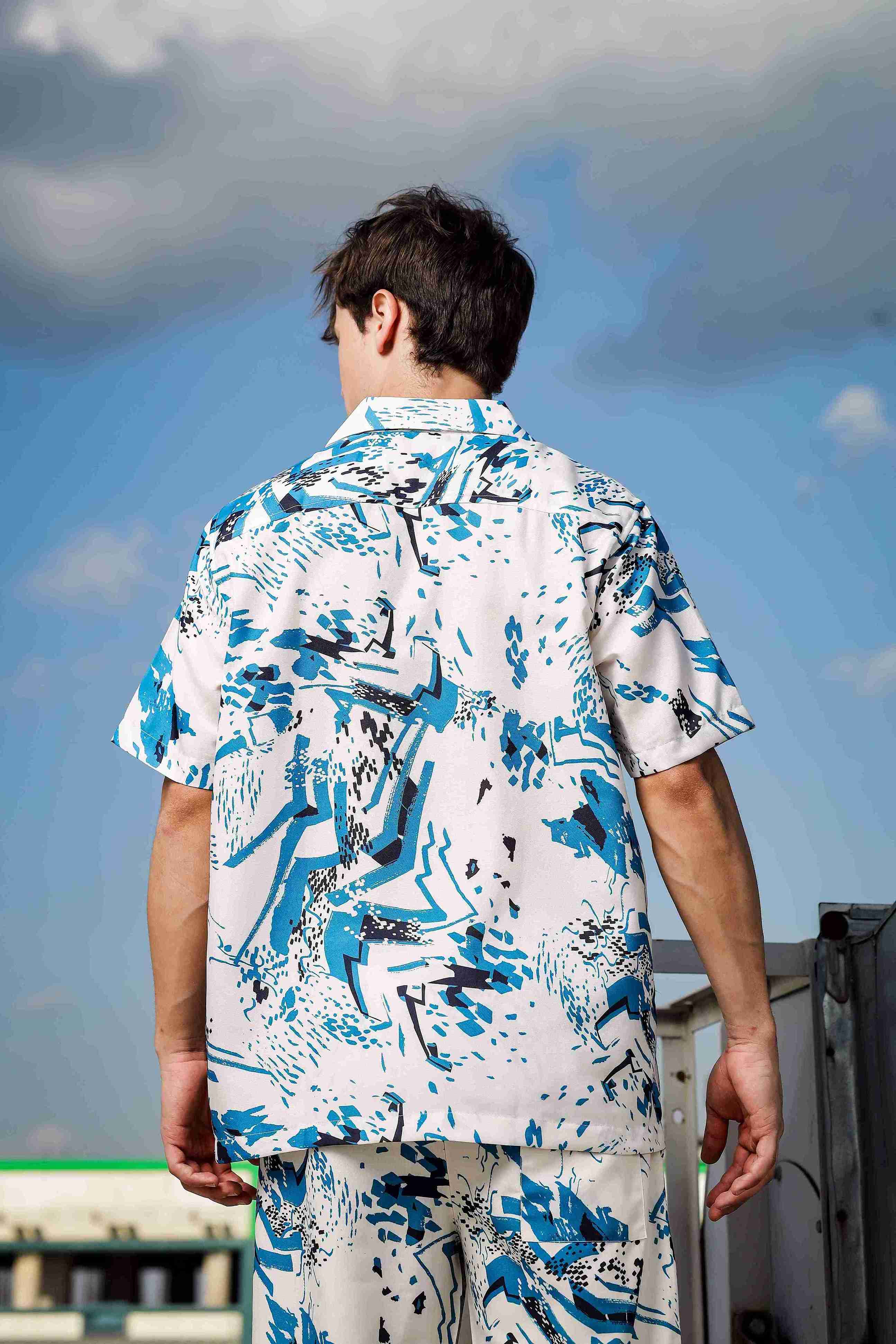 Off White Abstract Print Cuban Collar Relaxed Fit Resort Shirt