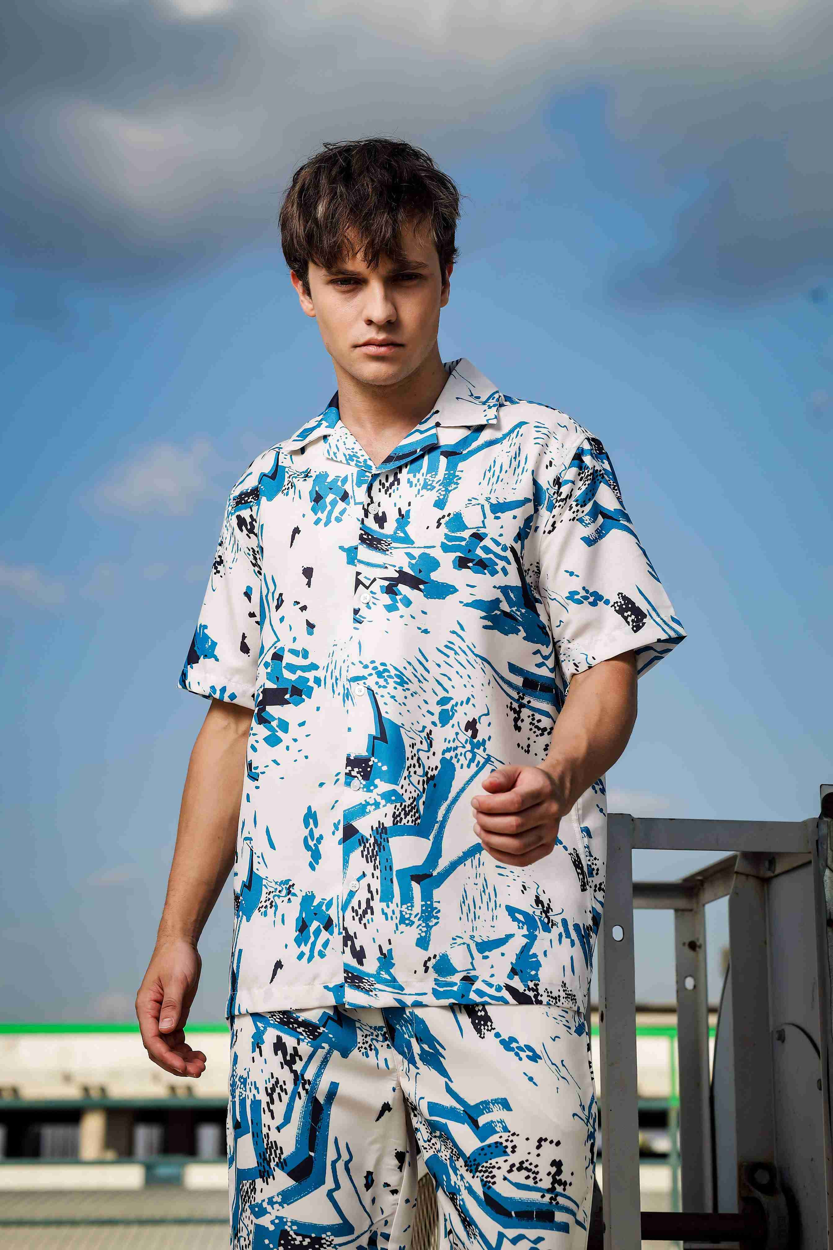 Off White Abstract Print Cuban Collar Relaxed Fit Resort Shirt