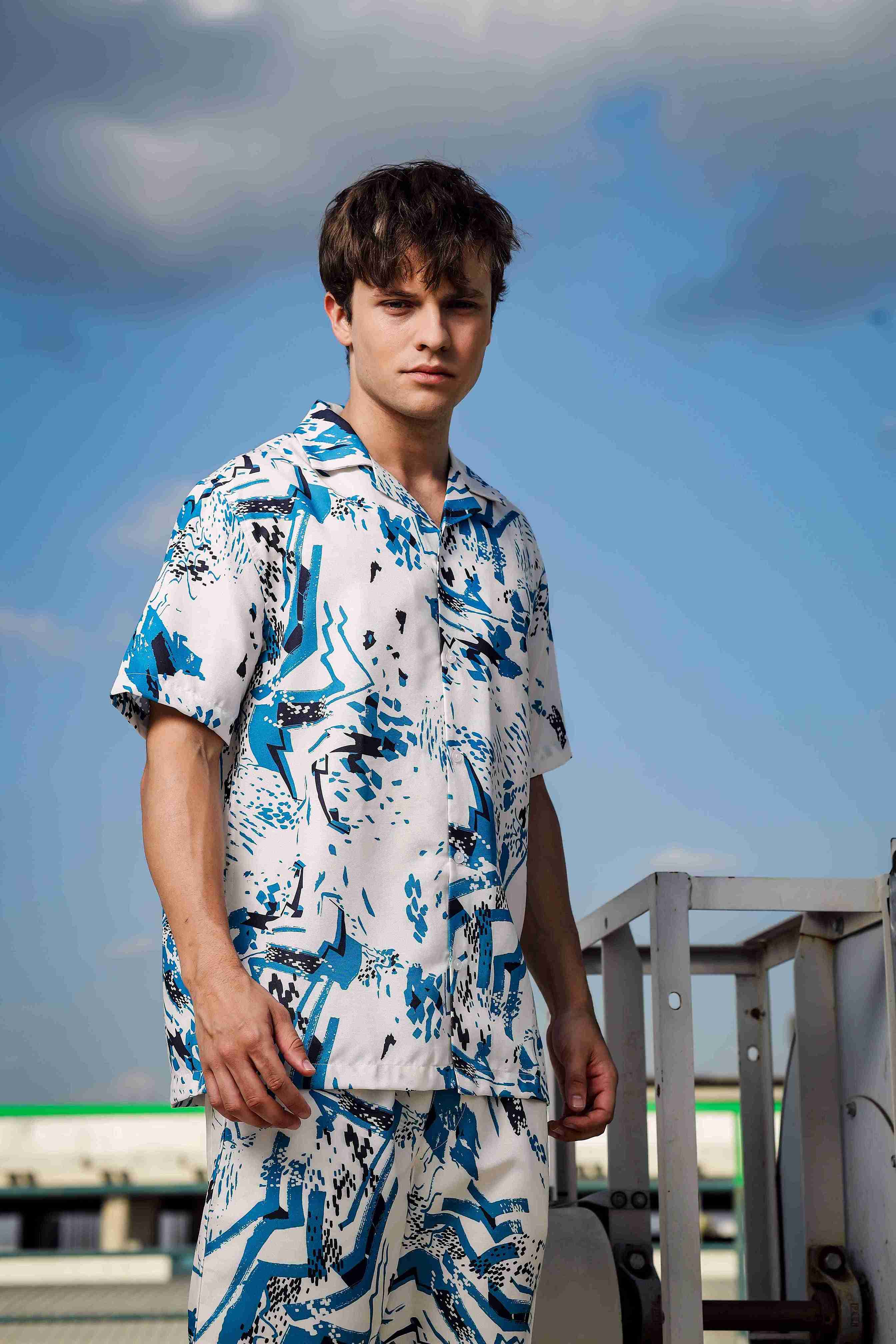 Off White Abstract Print Cuban Collar Relaxed Fit Resort Shirt