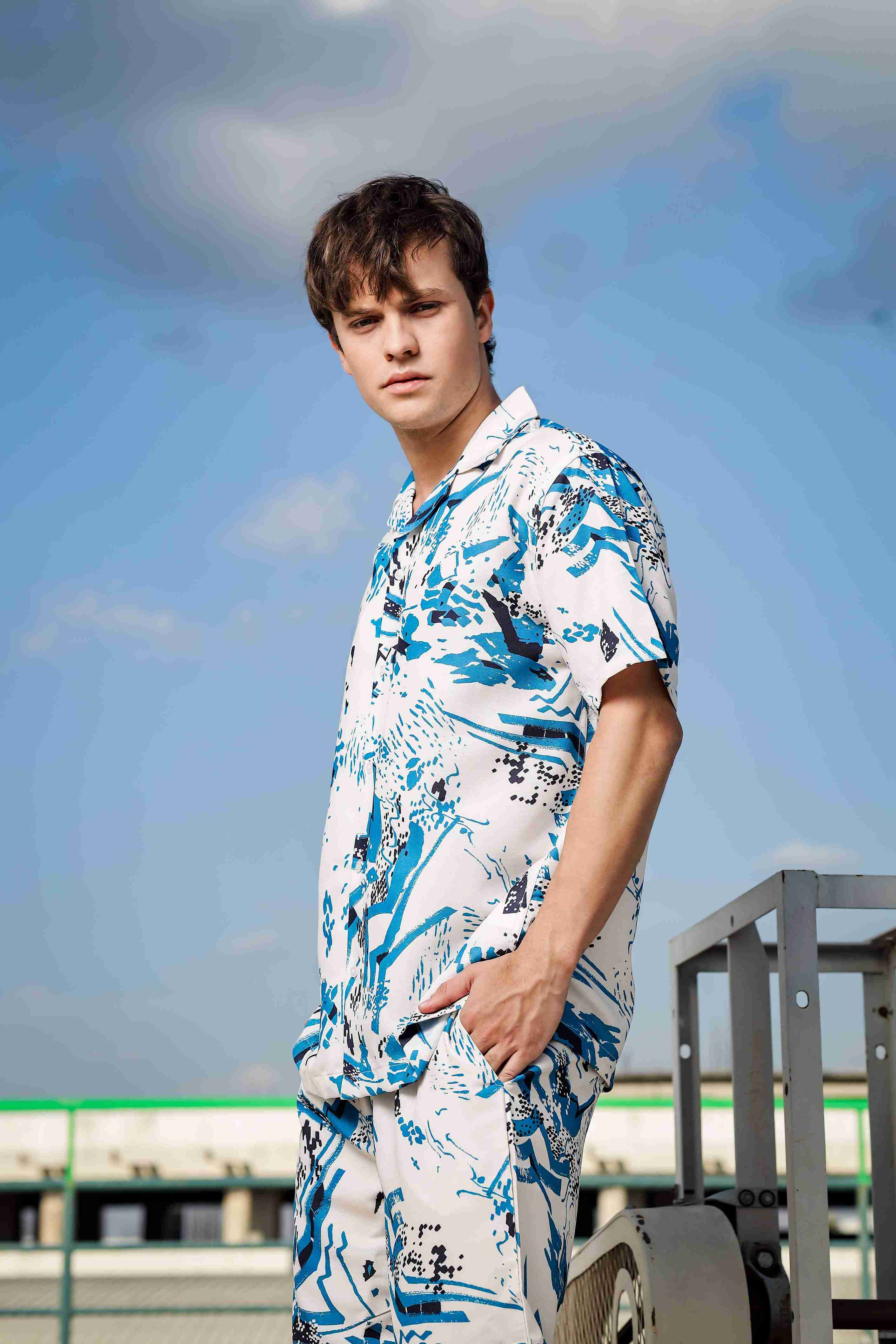 Off White Abstract Print Cuban Collar Relaxed Fit Resort Shirt
