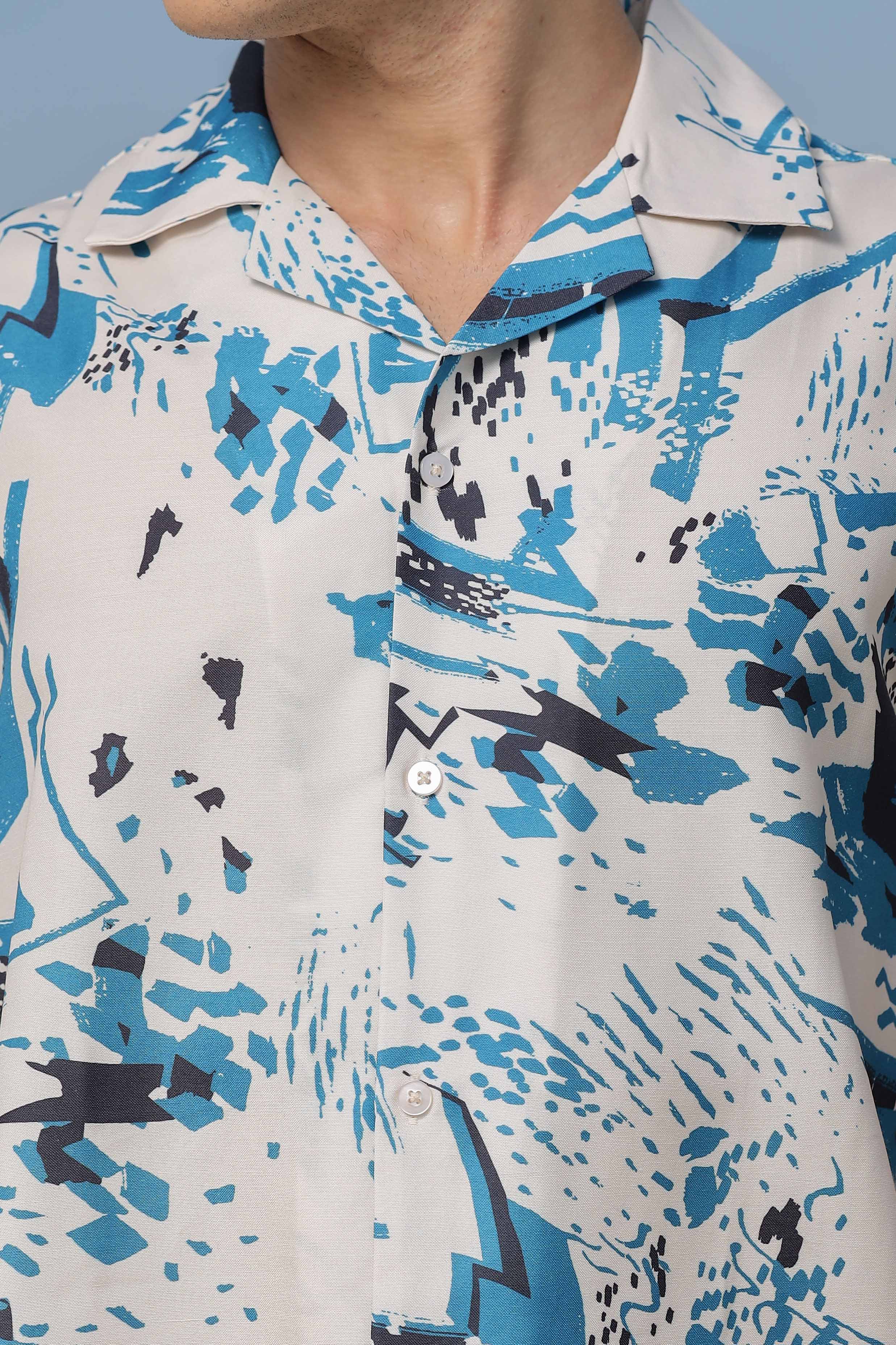 Off White Abstract Print Cuban Collar Relaxed Fit Resort Shirt