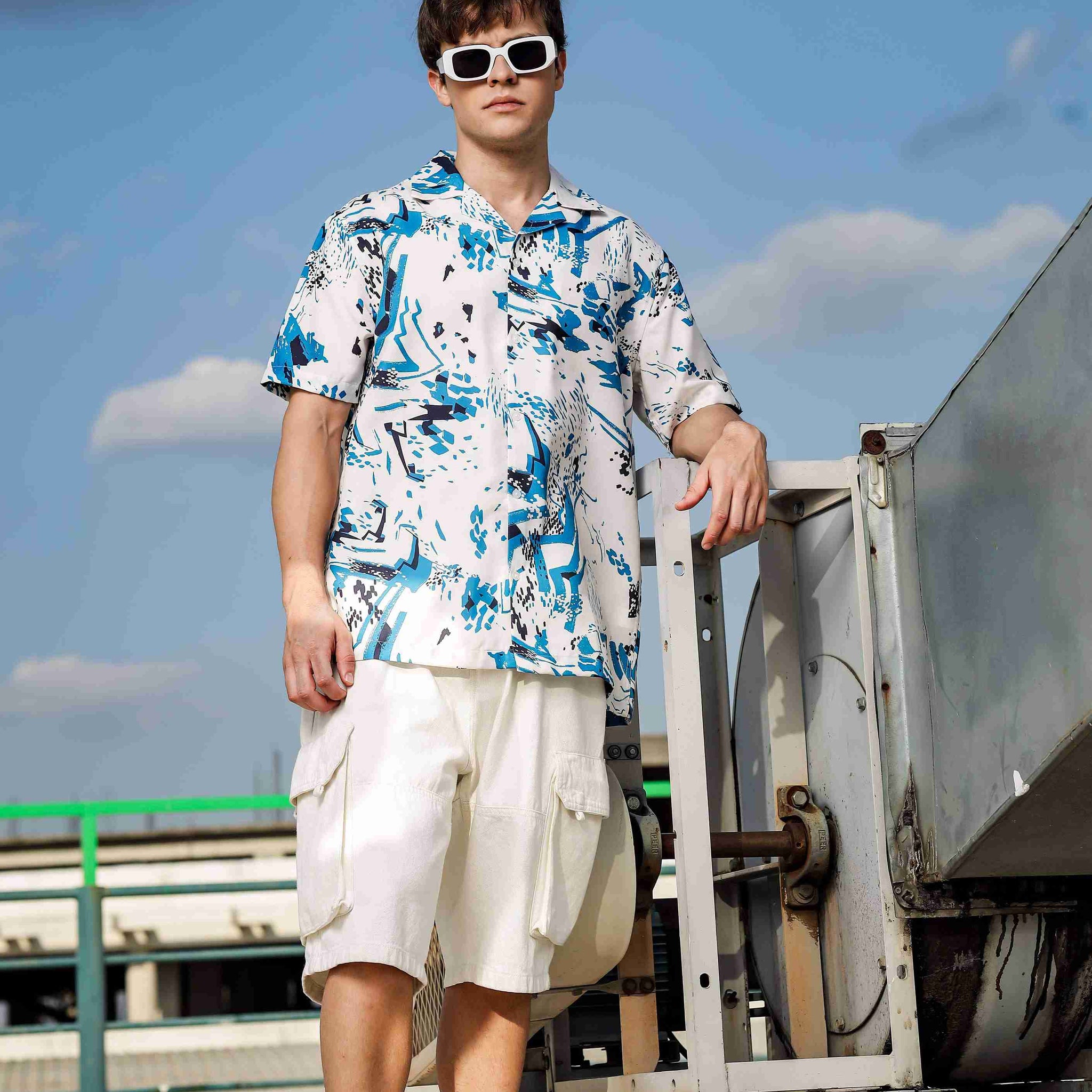 Off White Abstract Print Cuban Collar Relaxed Fit Resort Shirt