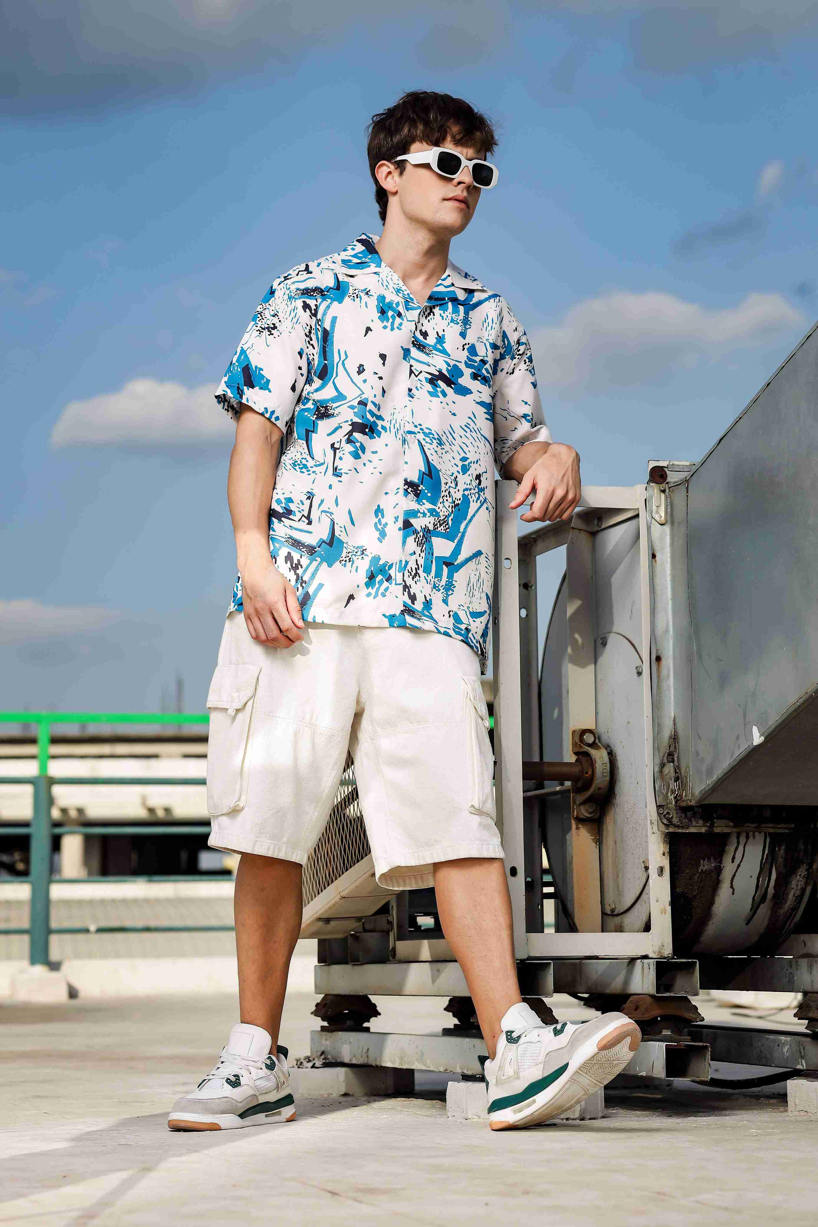 Off White Abstract Print Cuban Collar Relaxed Fit Resort Shirt