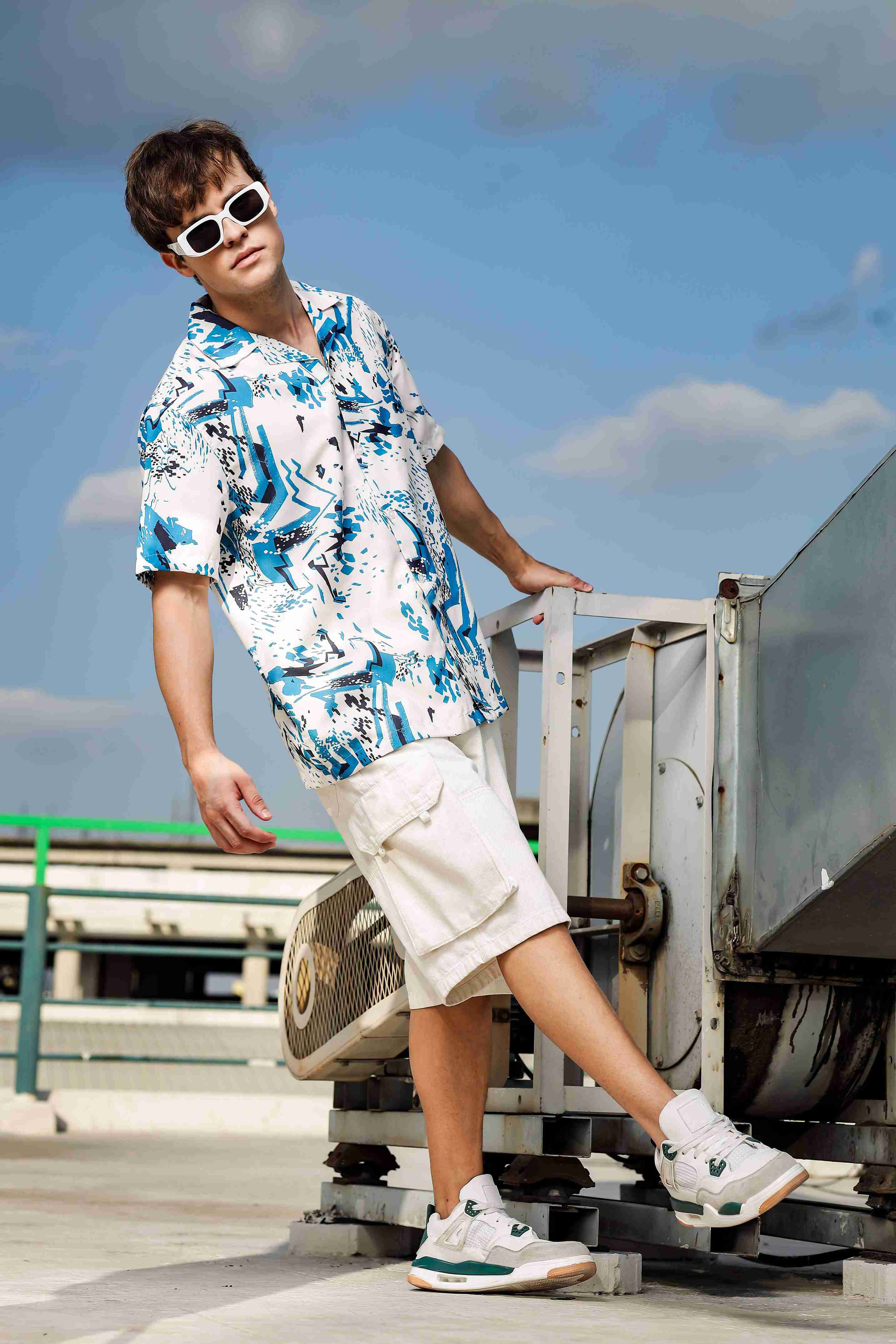 Off White Abstract Print Cuban Collar Relaxed Fit Resort Shirt