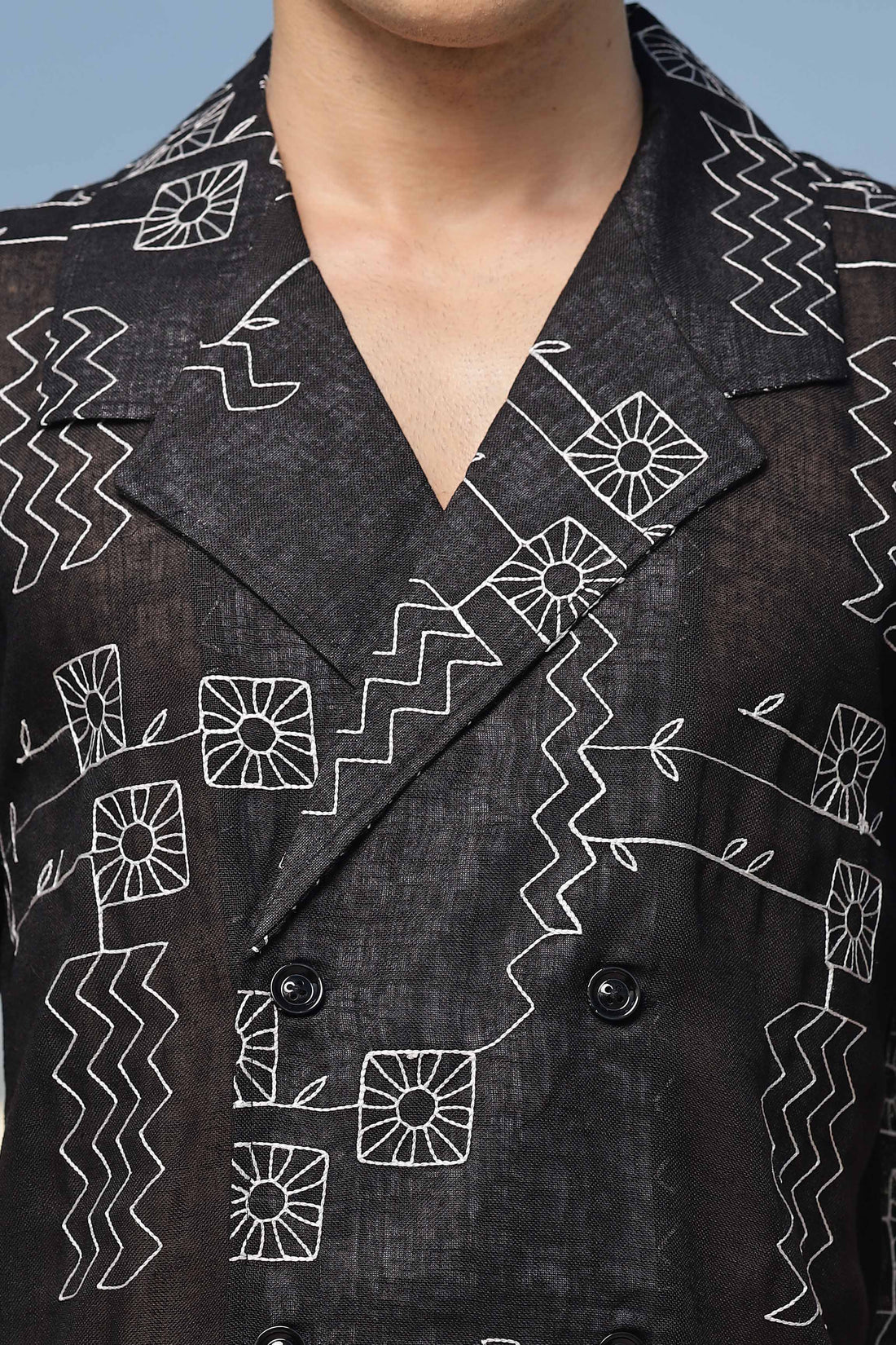 Black Linen Embroidered Notched Lapel Korean Shirt & All Day Pants Co-ord Set
