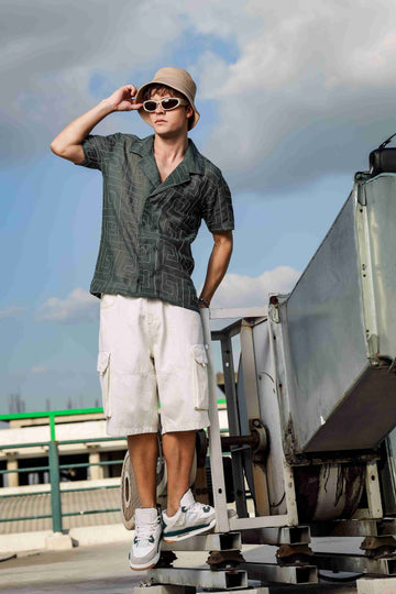 Olive Korean Linen Blend Embroidered Notched Lapel Collar Resort Shirt