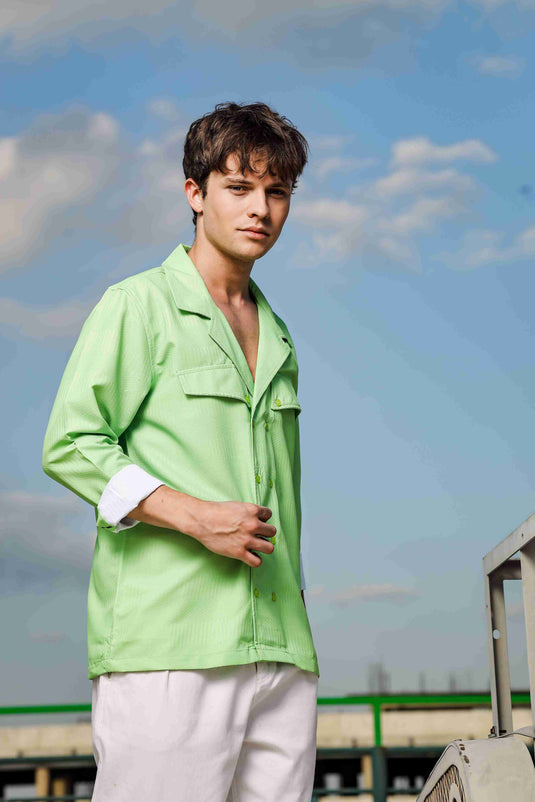 Lime Green Textured Korean Shacket Shirt