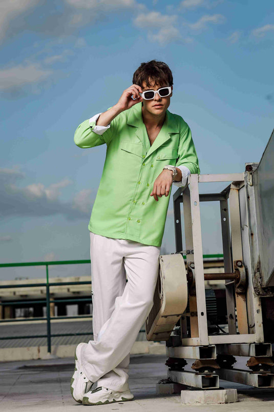 Lime Green Textured Korean Shacket Shirt