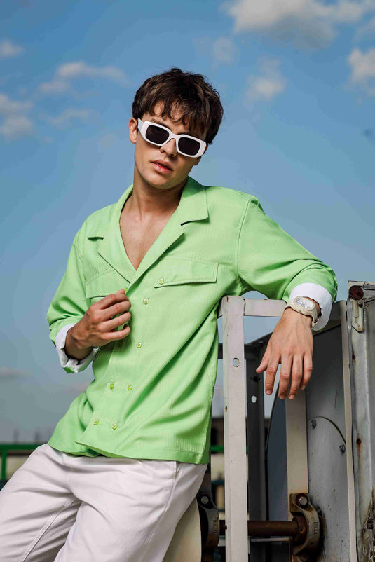 Lime Green Textured Korean Shacket Shirt