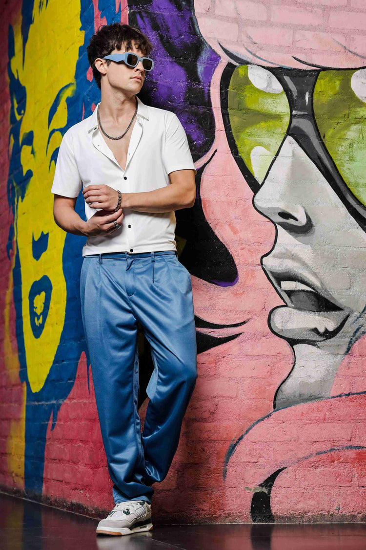 Blue Double Pleated Baggy fit Blue Korean Trousers