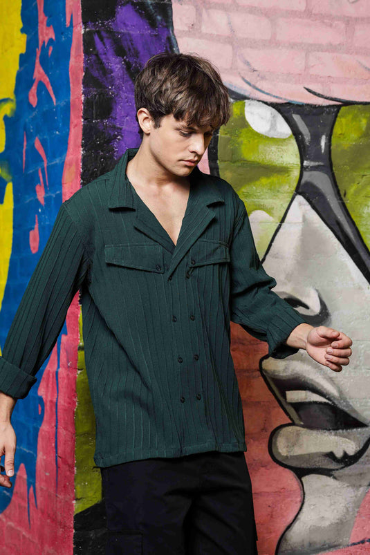 Green Knit Textured Korean Shacket Shirt