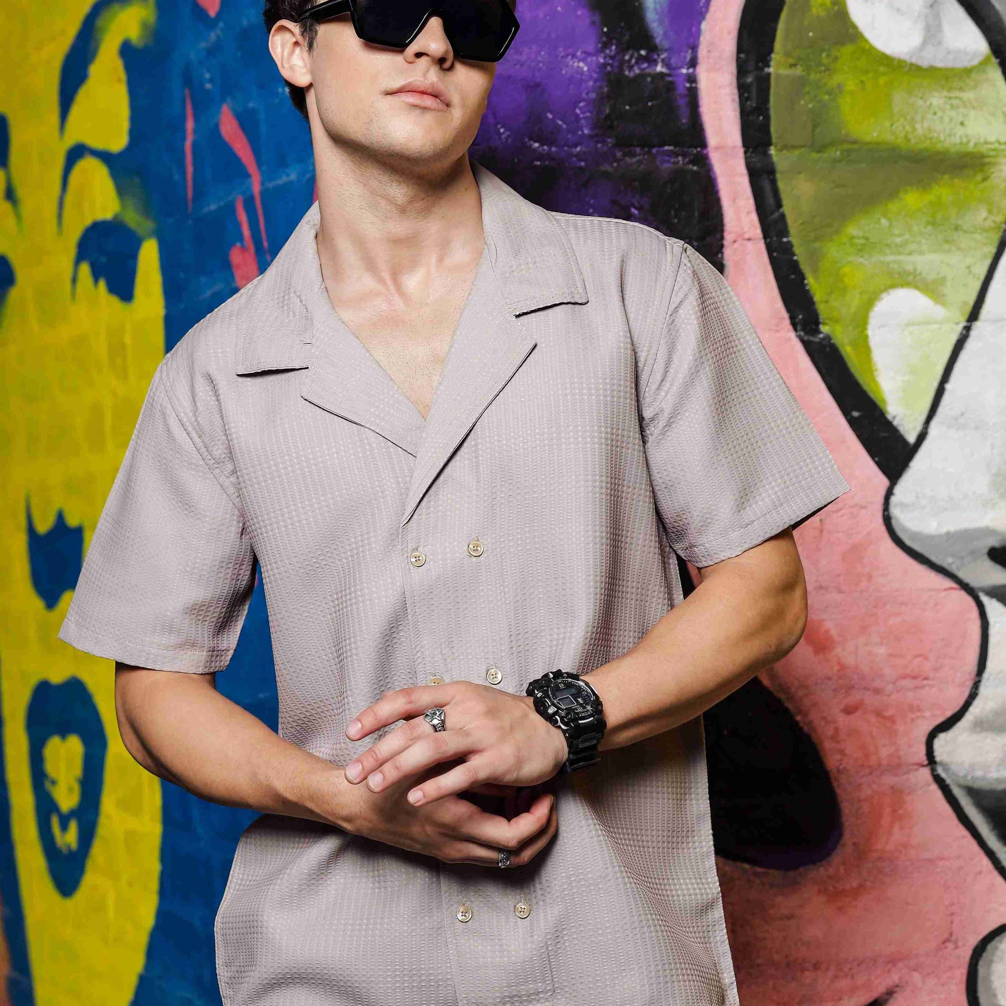 Grey Korean Fit  Notched Lapel Collar Shirt