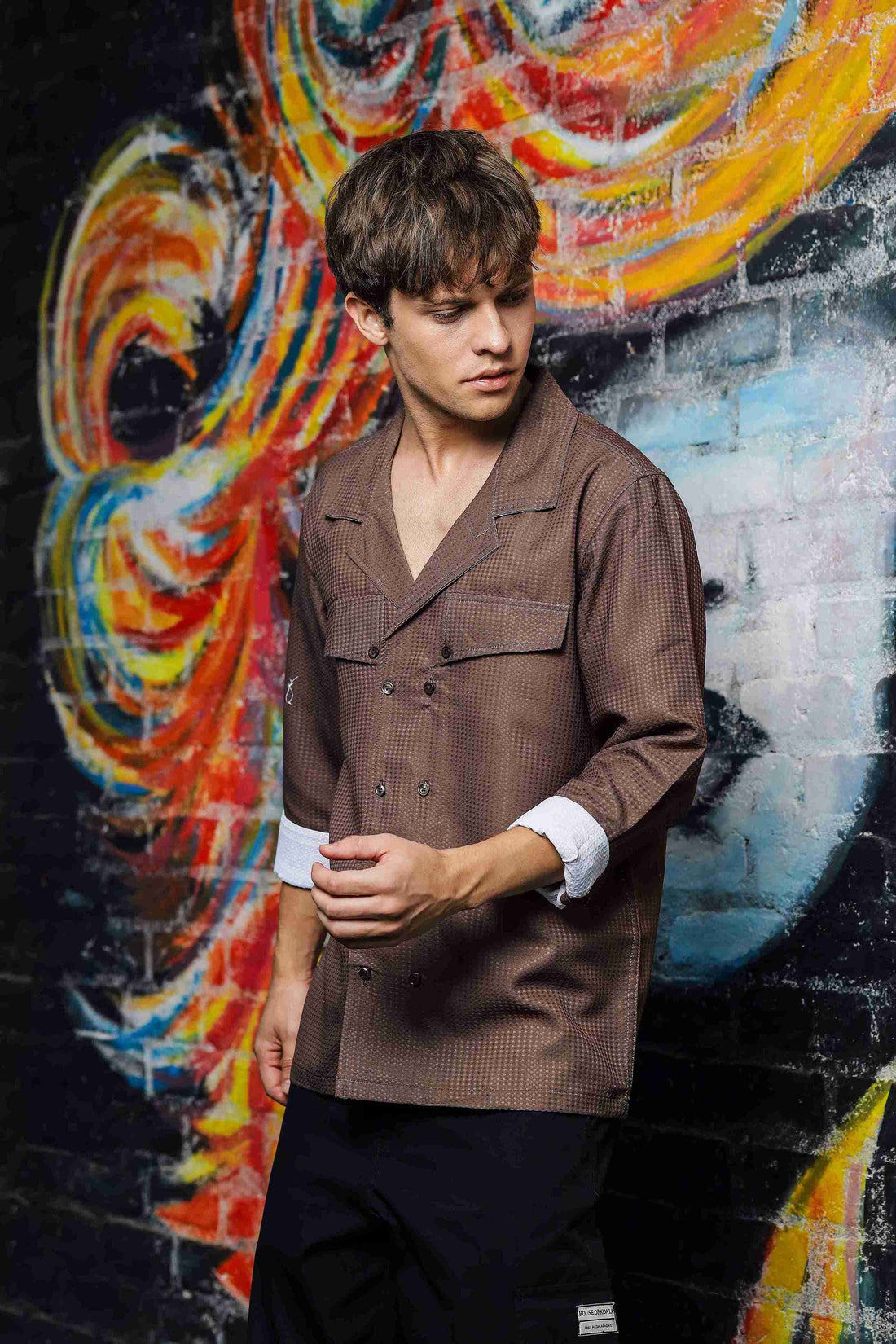 Brown Textured Notched Lapel Collar Regular Fit Korean Shacket Shirt