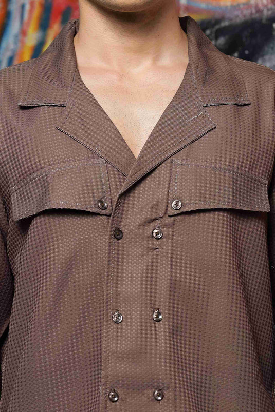 Brown Textured Notched Lapel Collar Regular Fit Korean Shacket Shirt