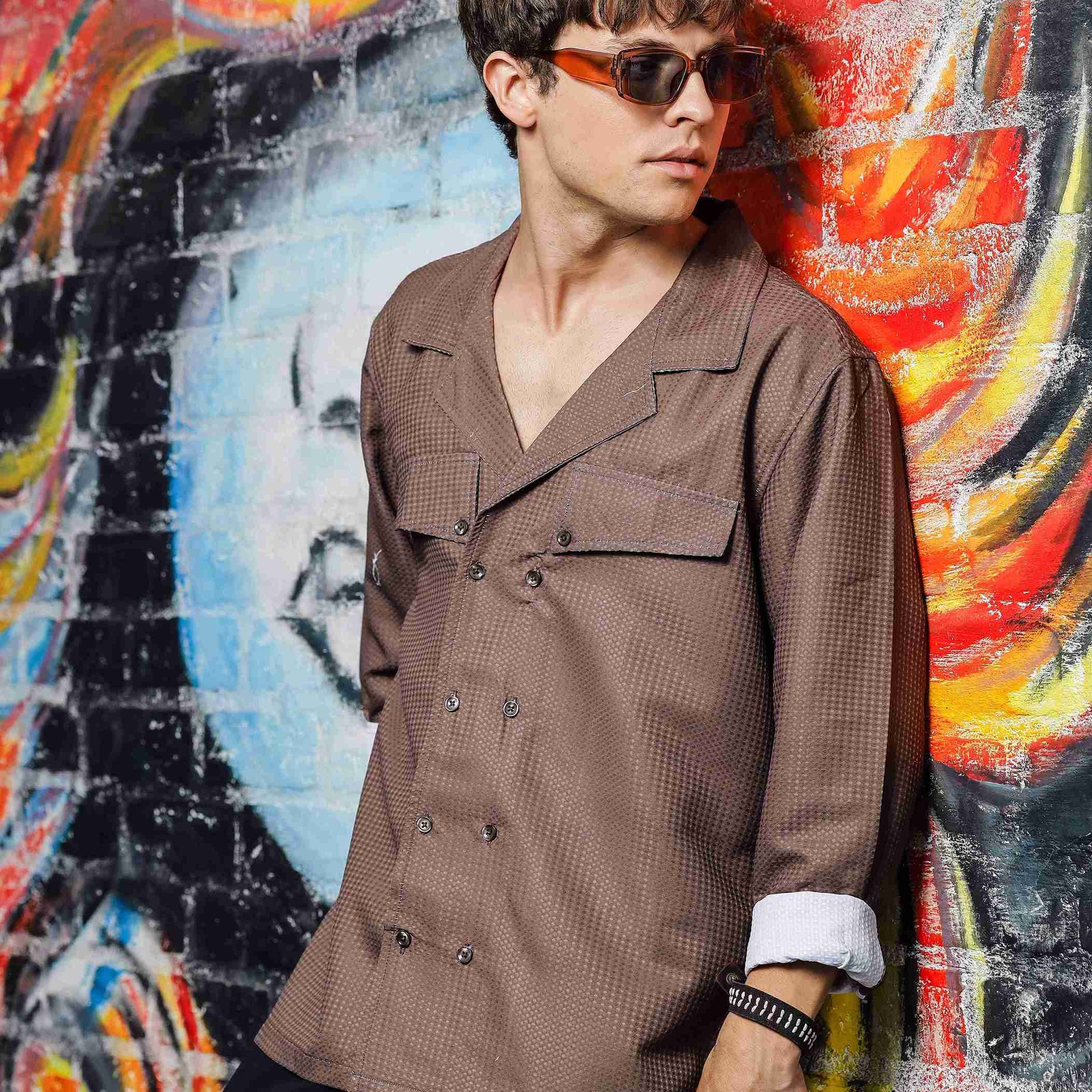Brown Textured Notched Lapel Collar Regular Fit Korean Shacket Shirt