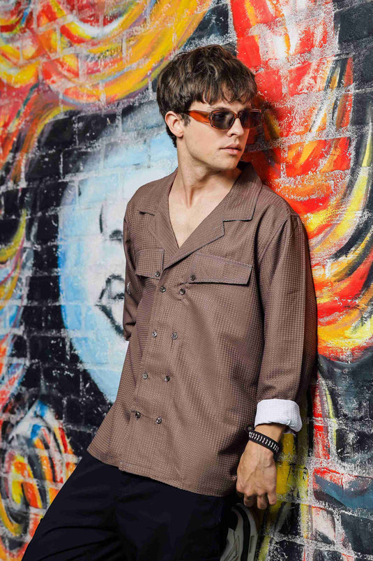 Brown Textured Notched Lapel Collar Regular Fit Korean Shacket Shirt