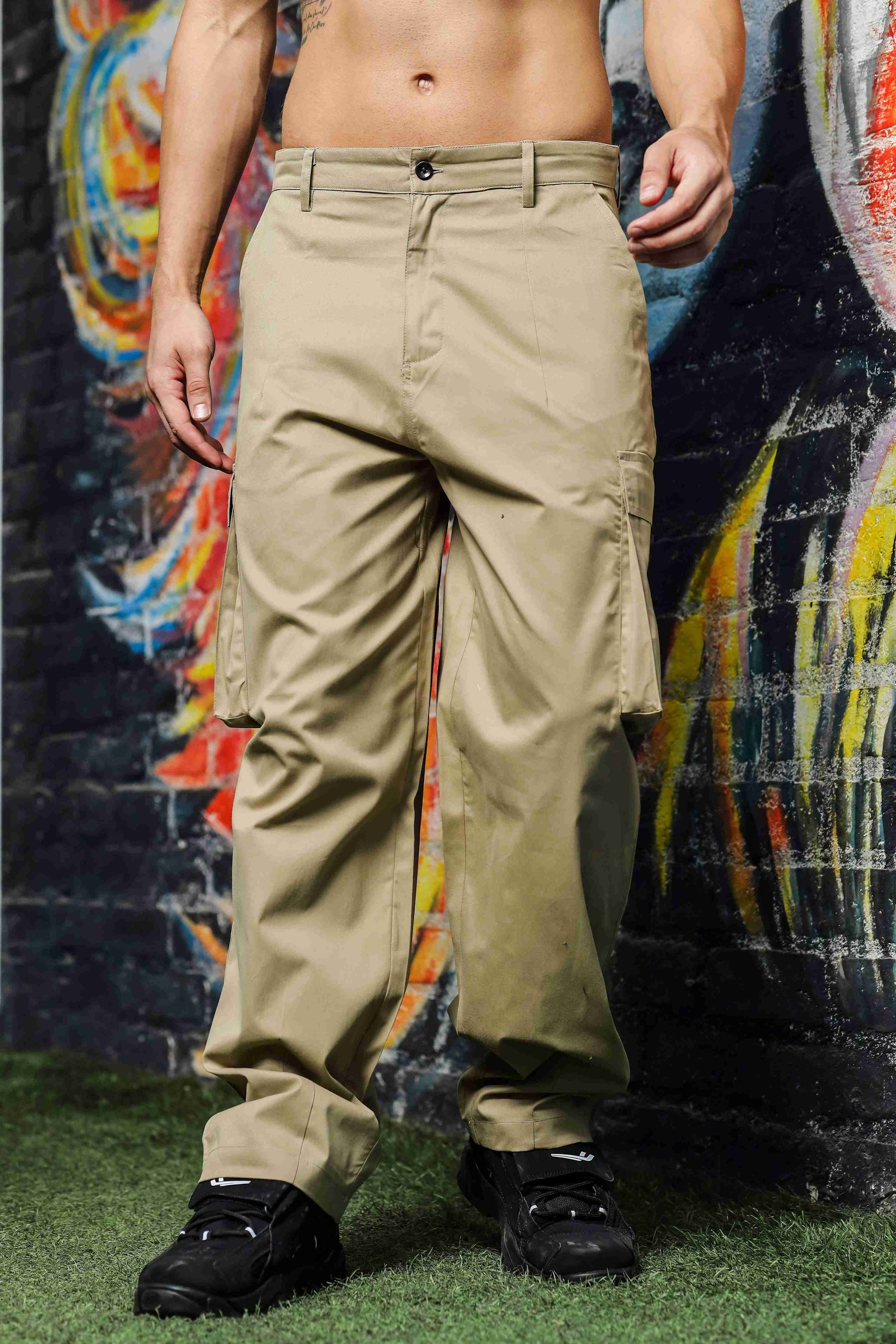 Unisex Baggy fit Beige Cargo Trousers1