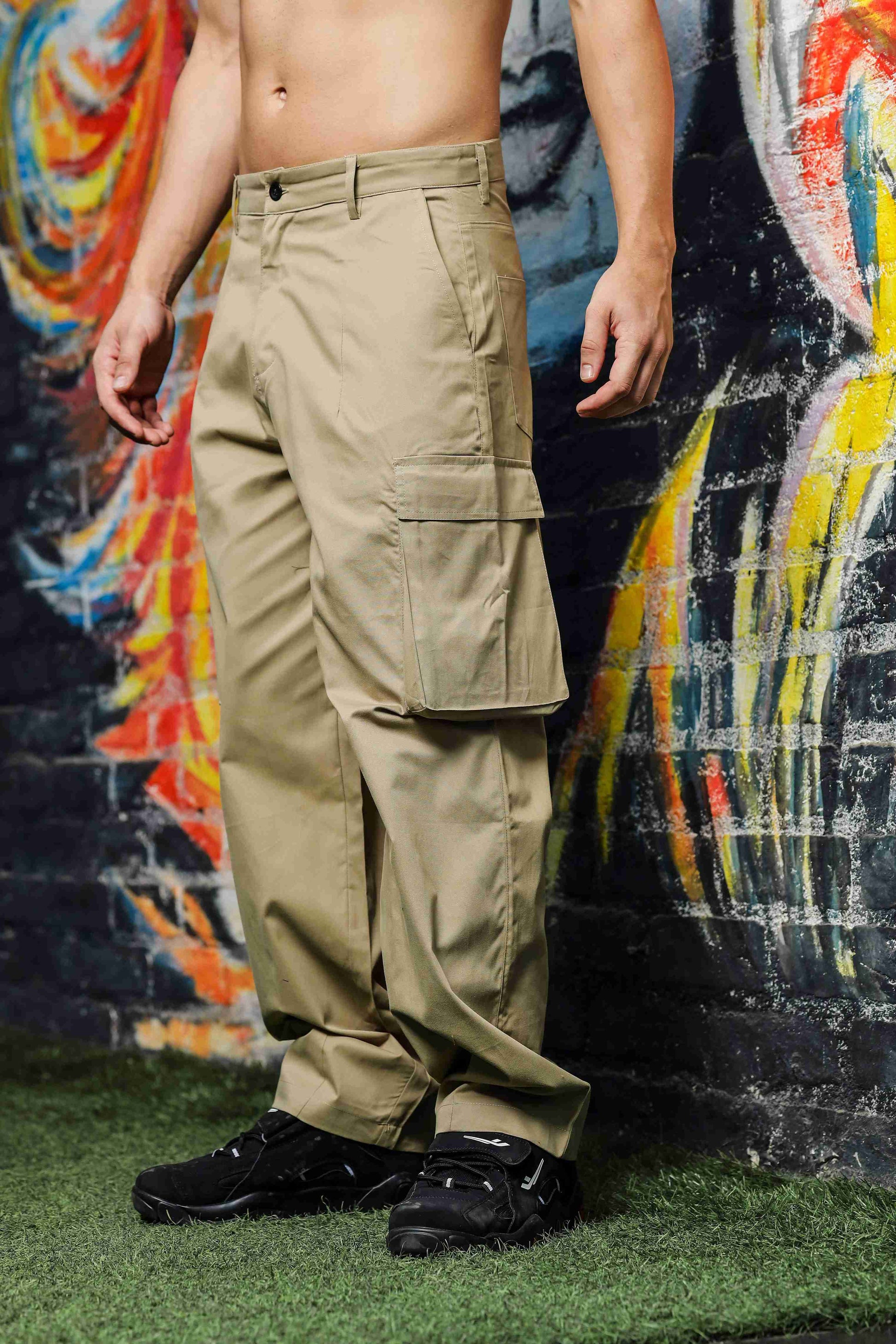 Unisex Baggy fit Beige Cargo Trousers - Main Image