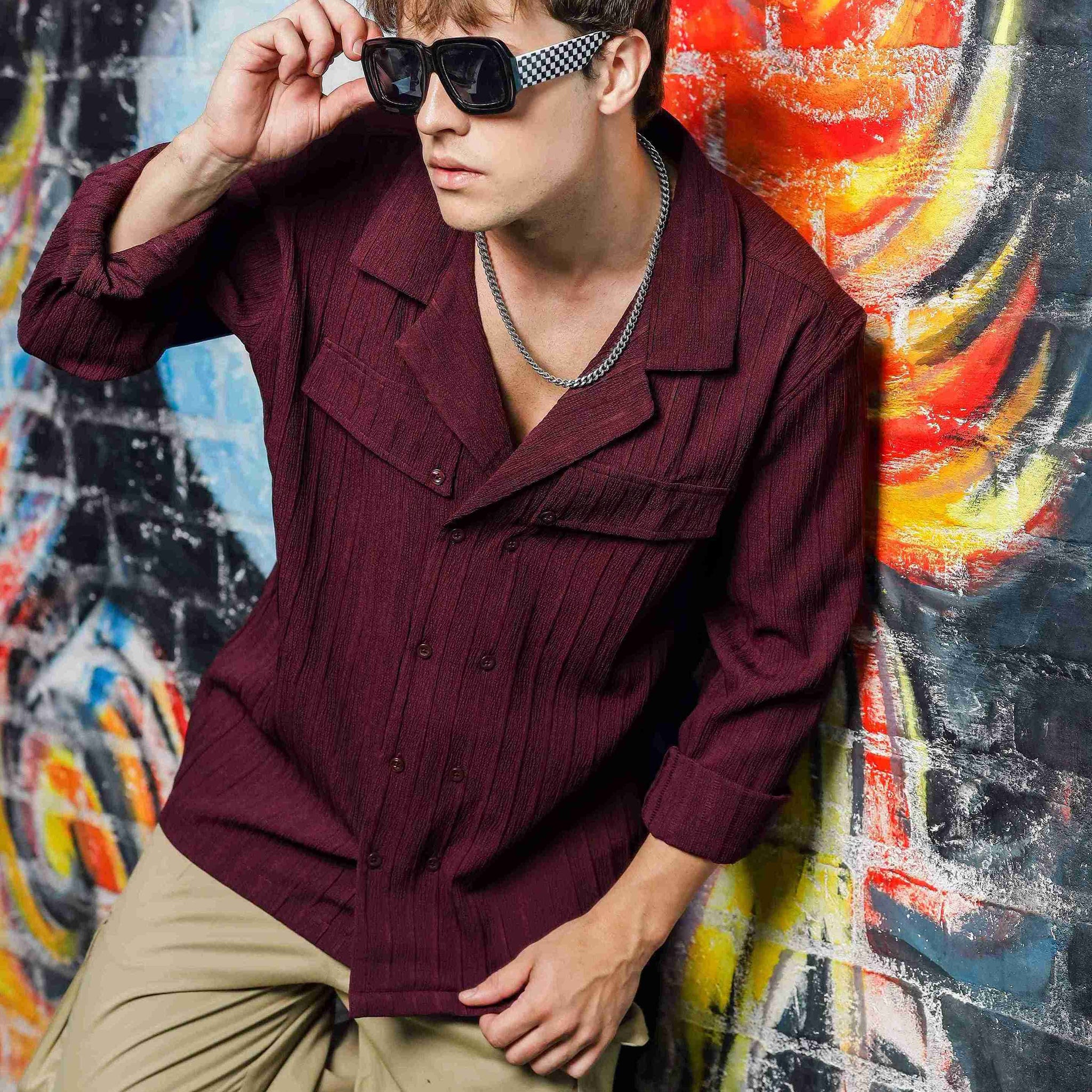 Maroon Knit Textured Korean Shacket Shirt