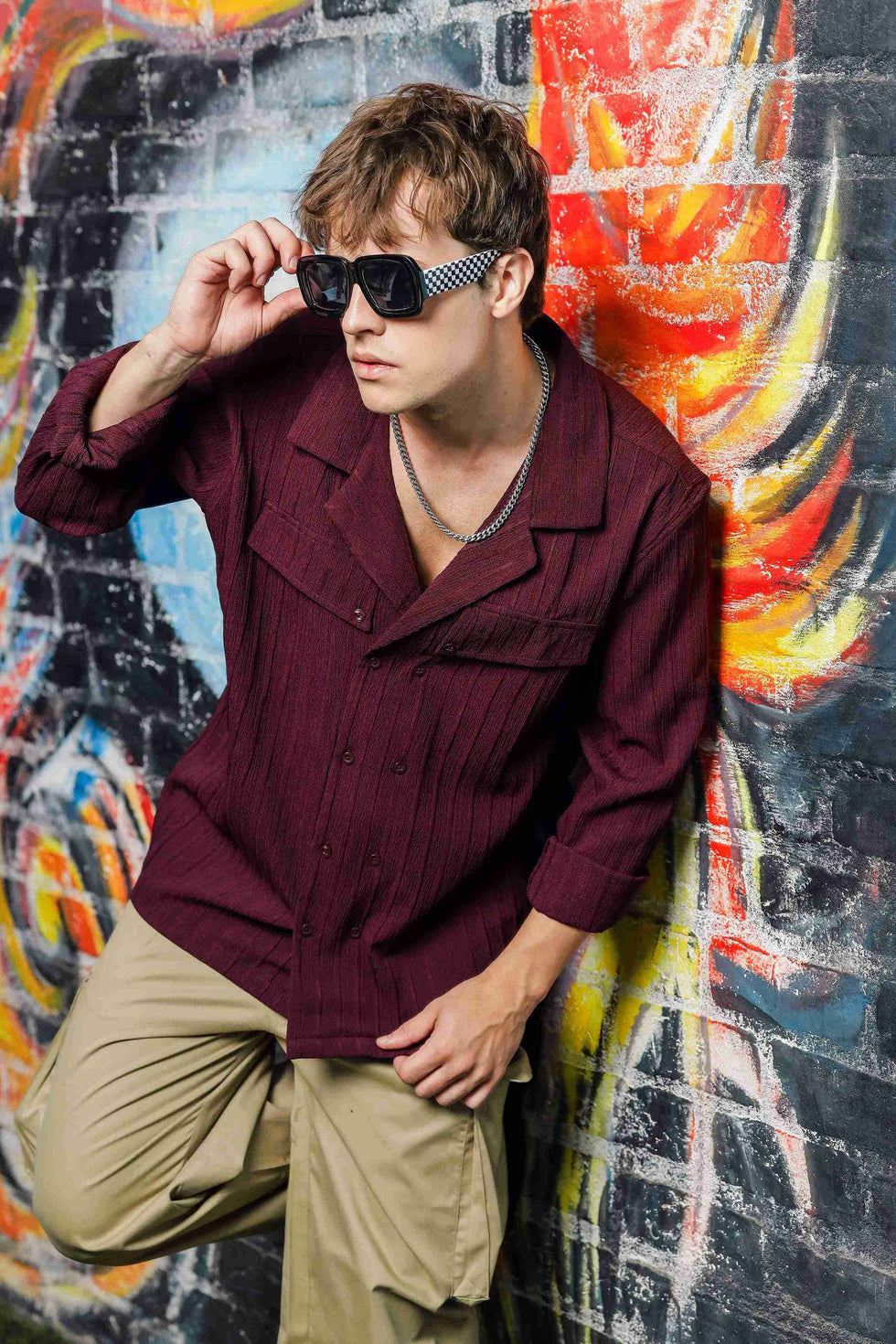 Maroon Rib Textured Relaxed Korean Shacket Shirt