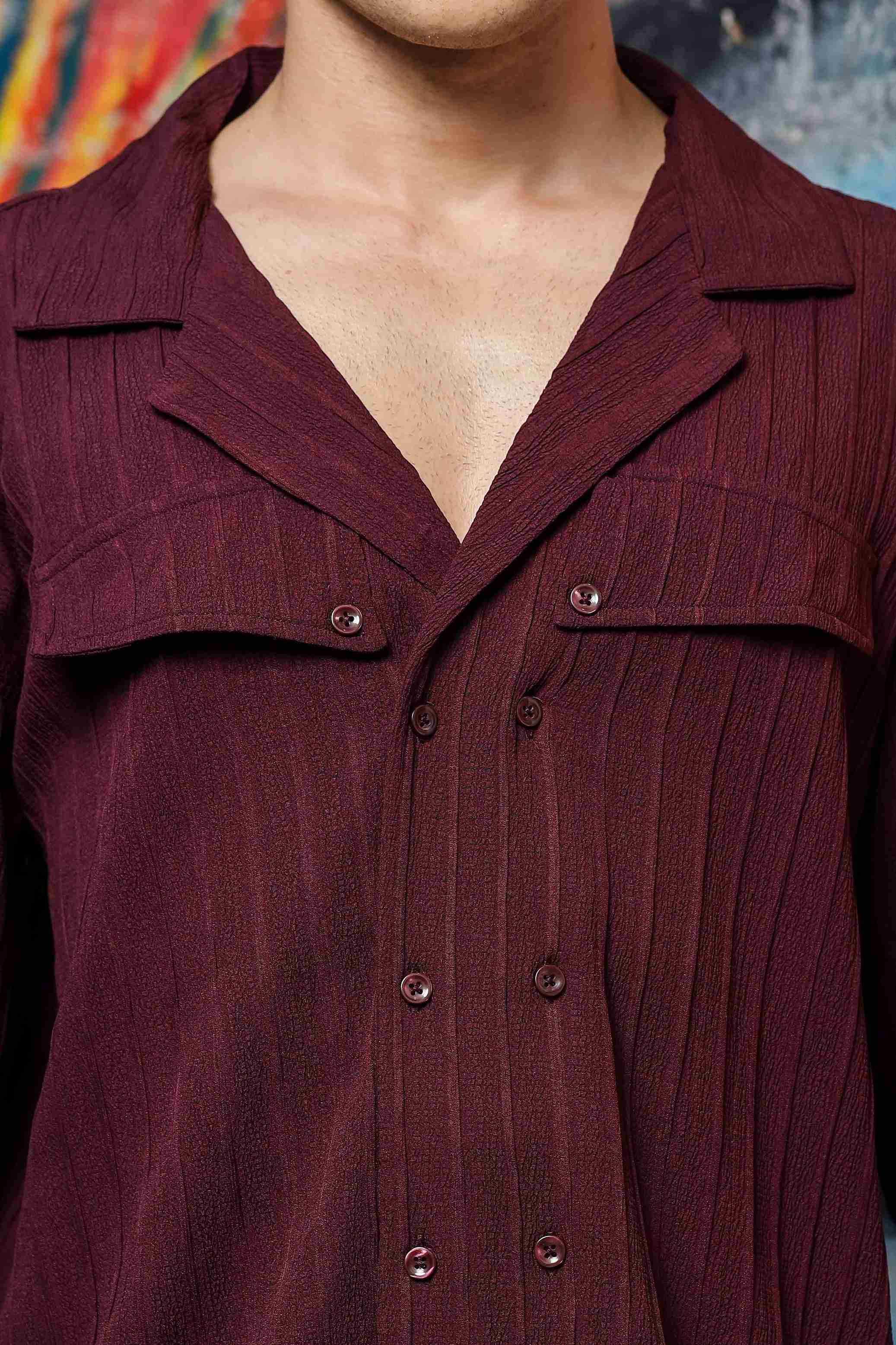 Maroon Knit Textured Korean Shacket Shirt