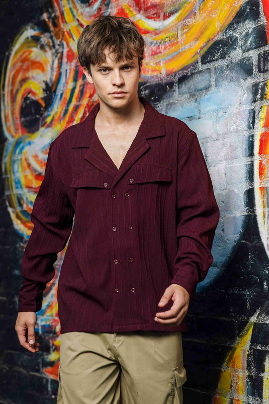 Maroon Knit Textured Korean Shacket Shirt