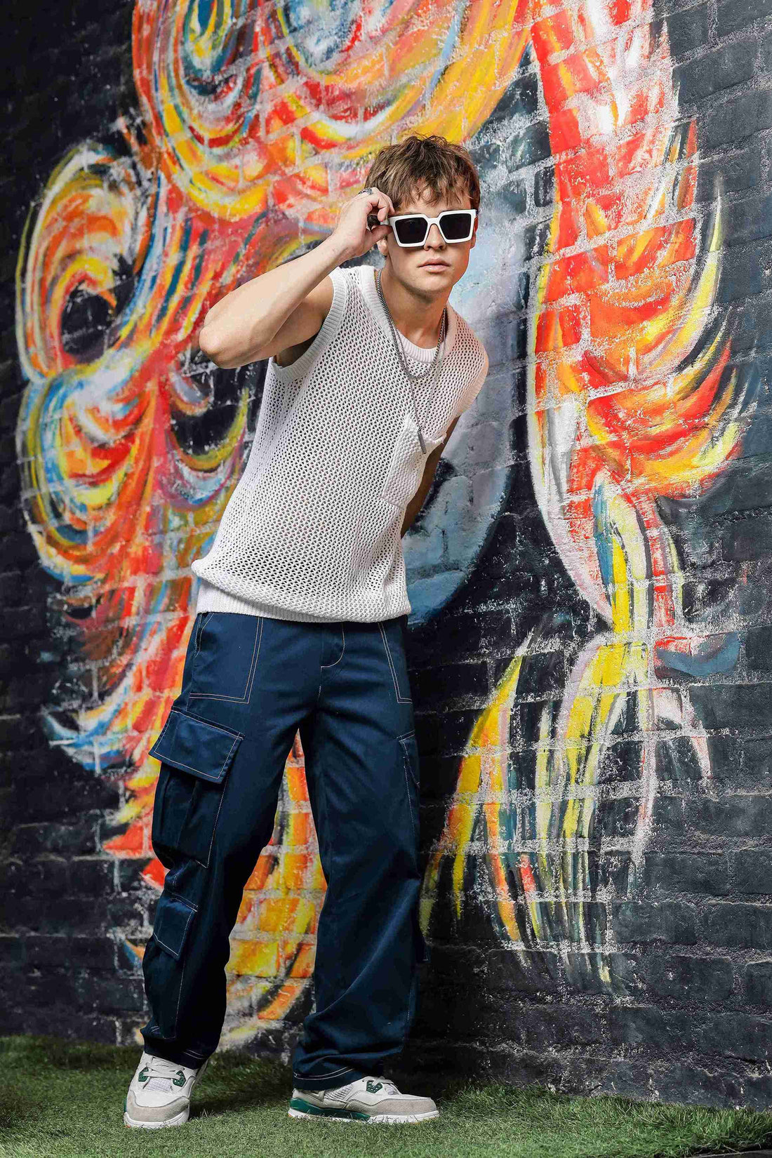 Navy Baggy fit 8-Pocket Pure Cotton Cargo Trousers