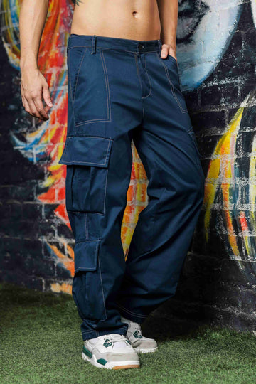 Navy Baggy fit 8-Pocket Pure Cotton Cargo Trousers